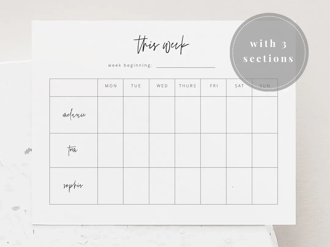 Editable Weekly Planner With 3 Sections Undated Calendar Minimalist Planner Wall Calendar Printable Week Planner Etsy