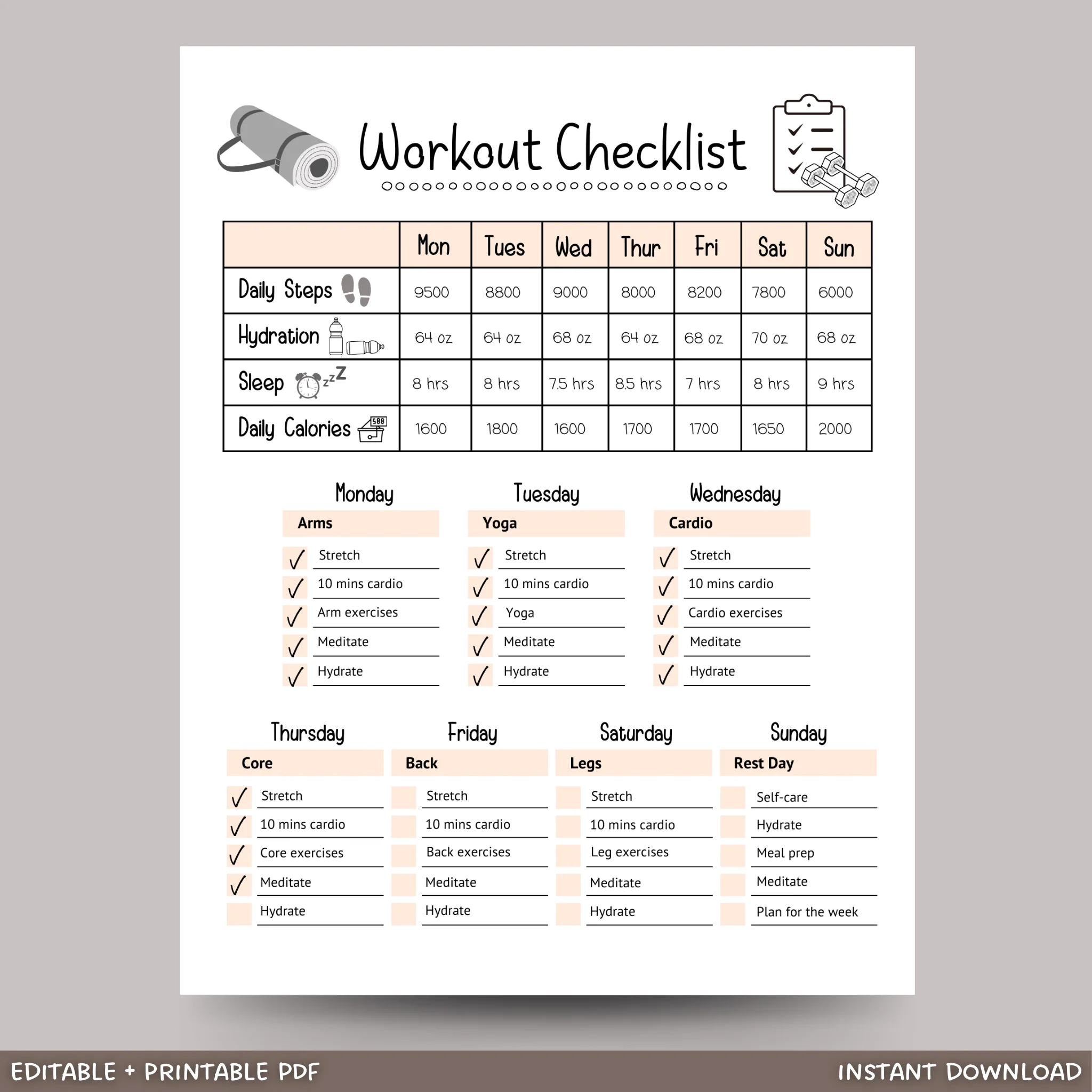 Editable Workout Checklist Printable Daily Exercise Gym Log Planner
