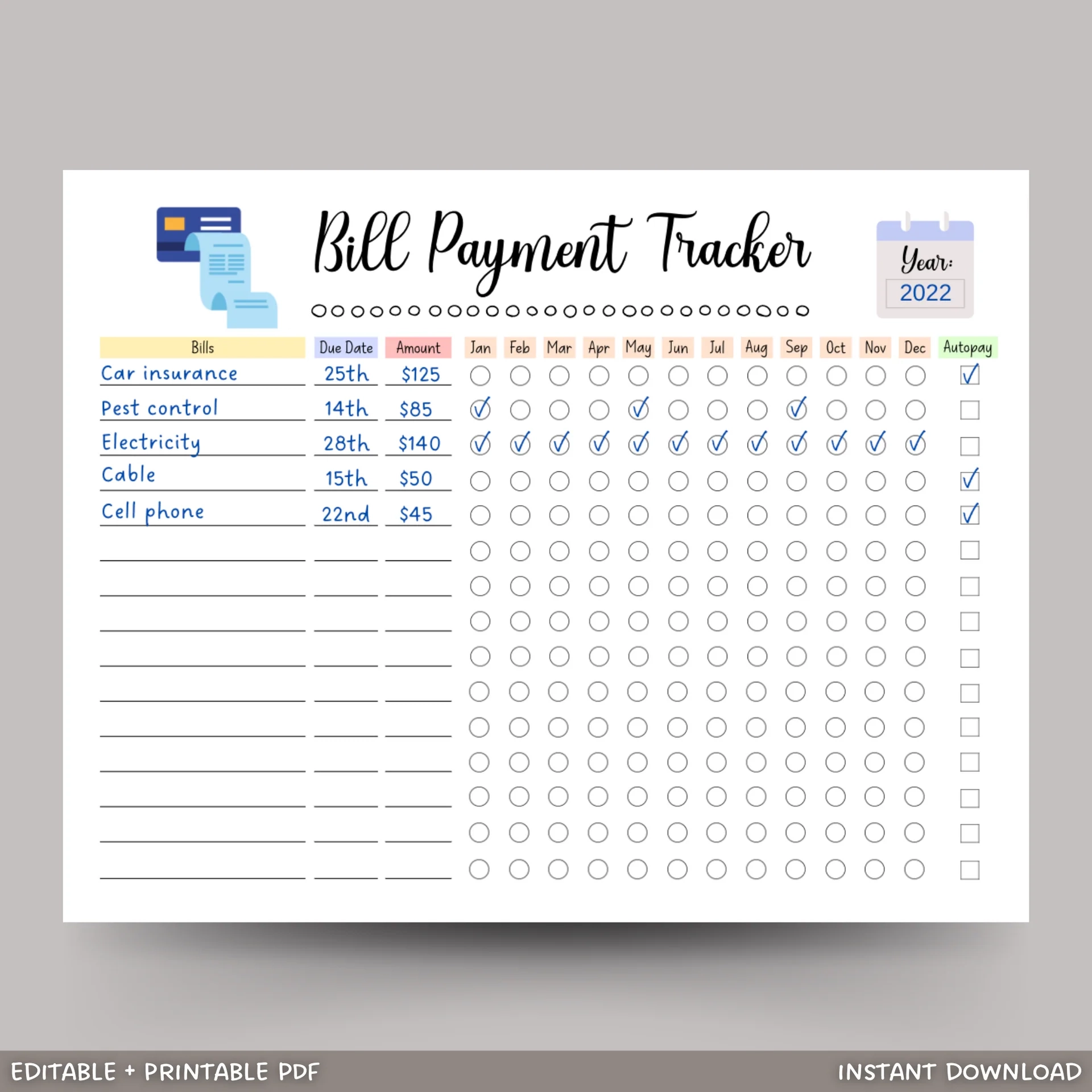 Editable Yearly Bill Tracker Printable Monthly Bill Planner Payment L Scribbled LLC
