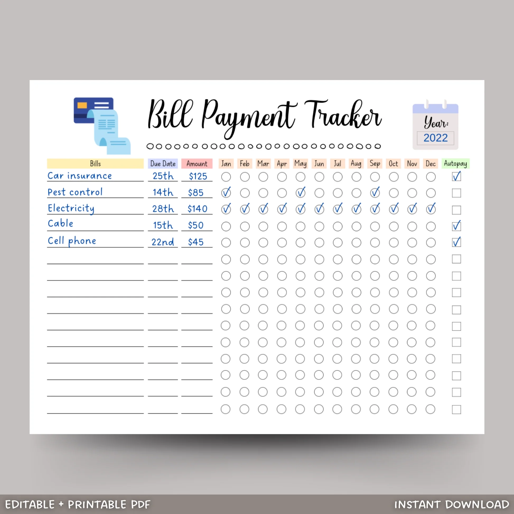 Editable Yearly Bill Tracker Printable Monthly Bill Planner Payment L Scribbled LLC