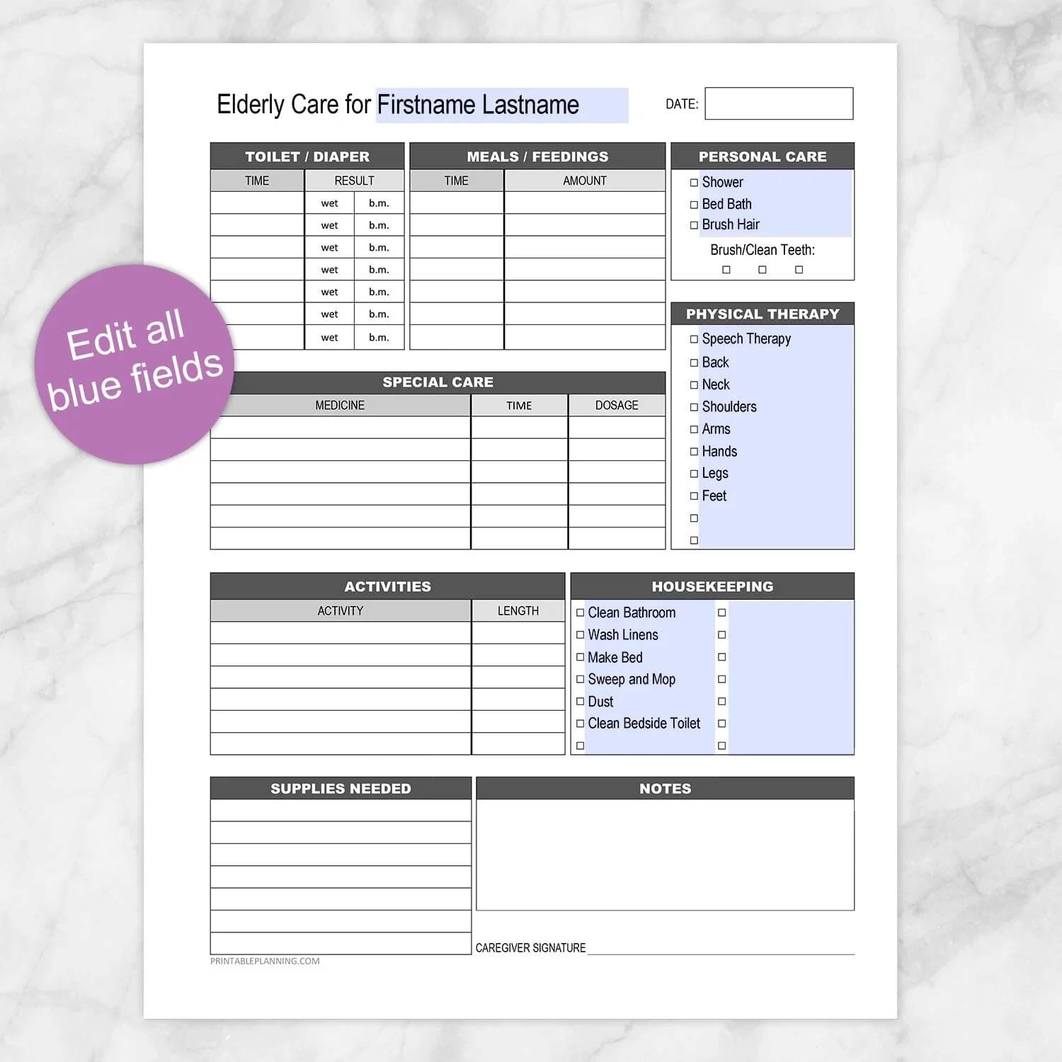 Printable Caregiver Daily Log Sheet