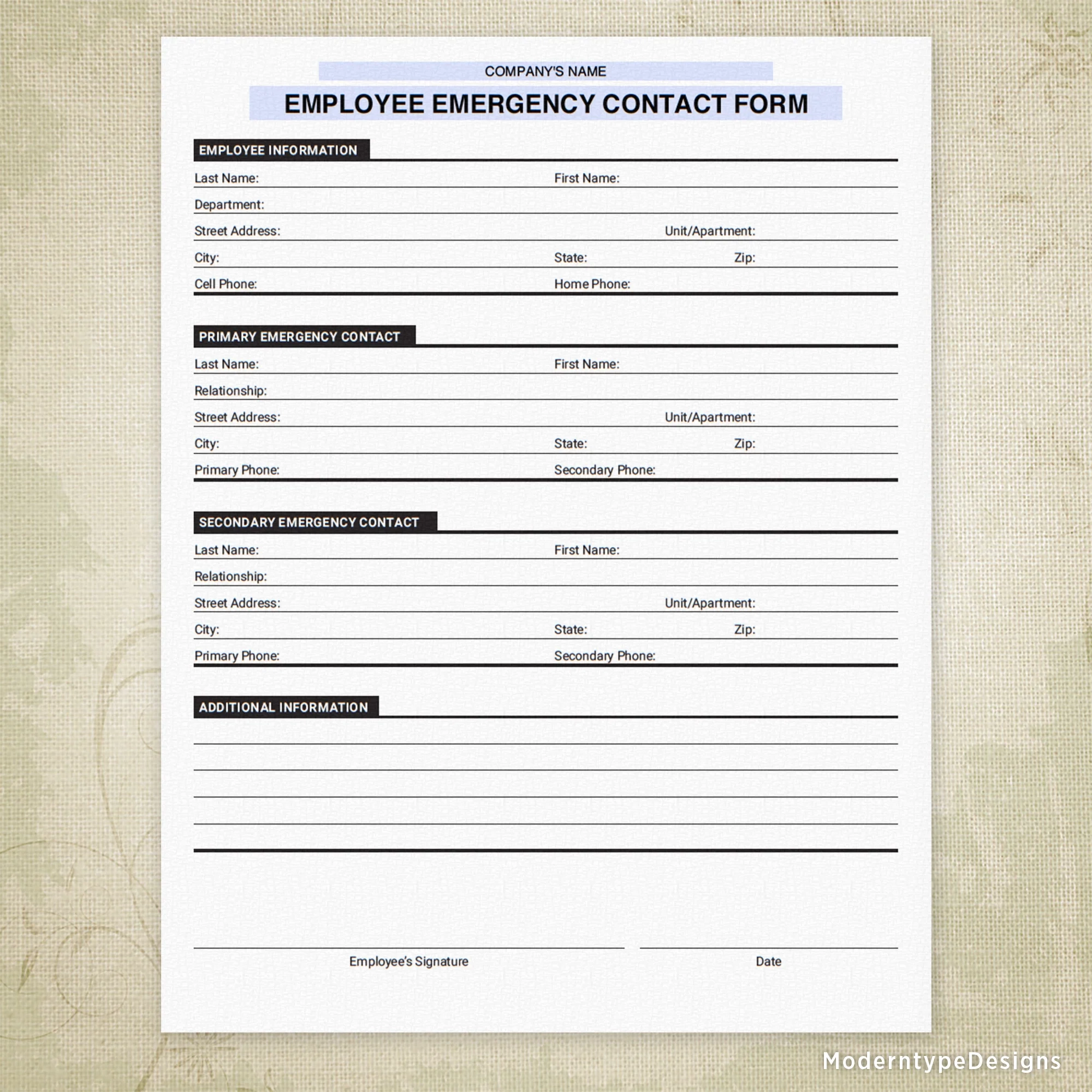 Emergency Contact Printable Form Personalized