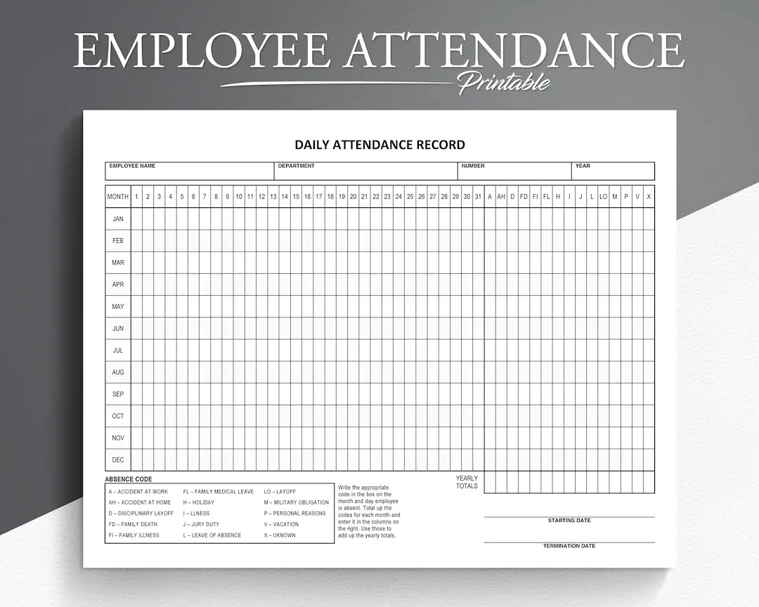 Printable Employee Attendance Sheet