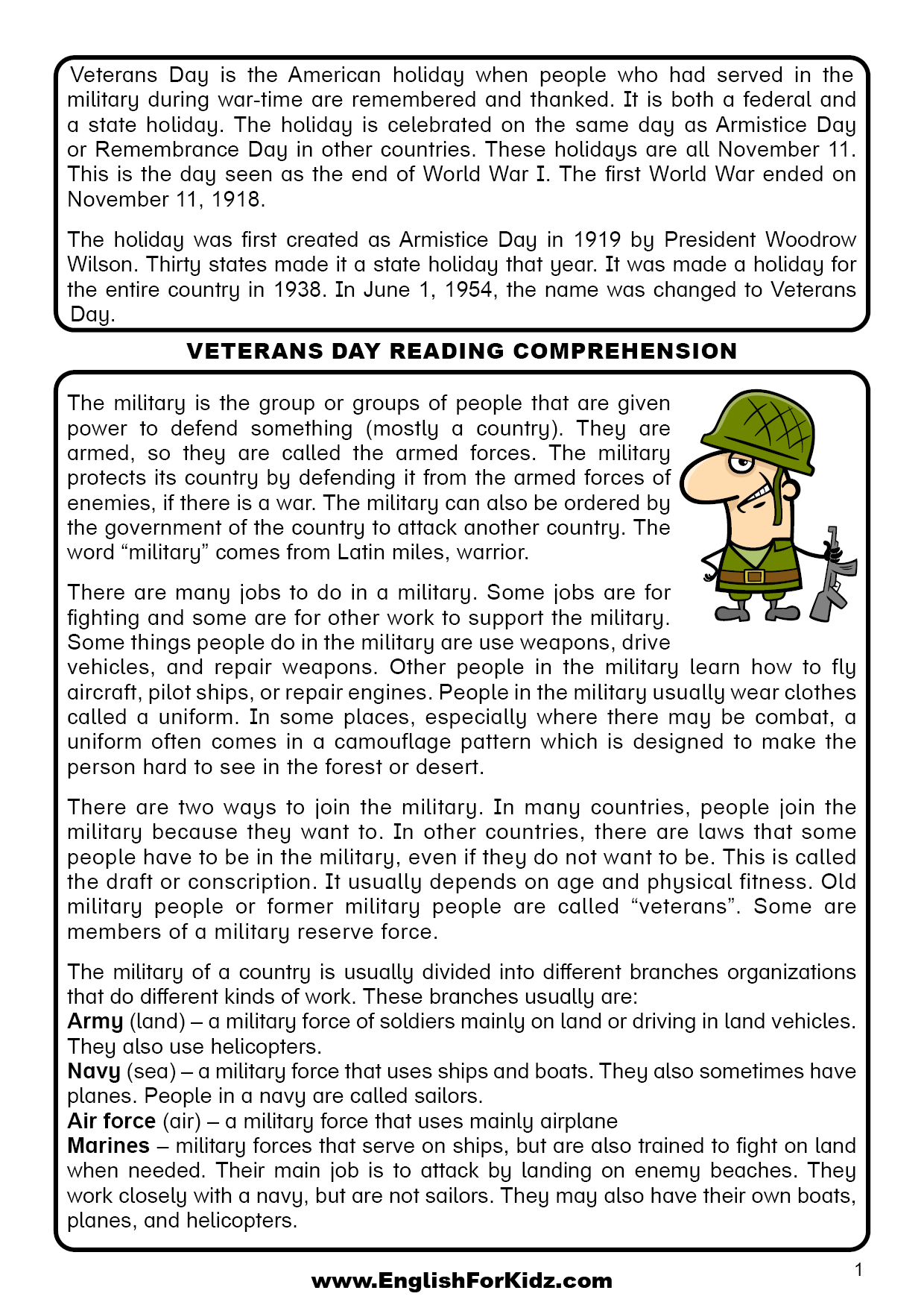 English For Kids Step By Step Veterans Day Reading Comprehension English For Kids Step By Step Veterans Day Reading Comprehension