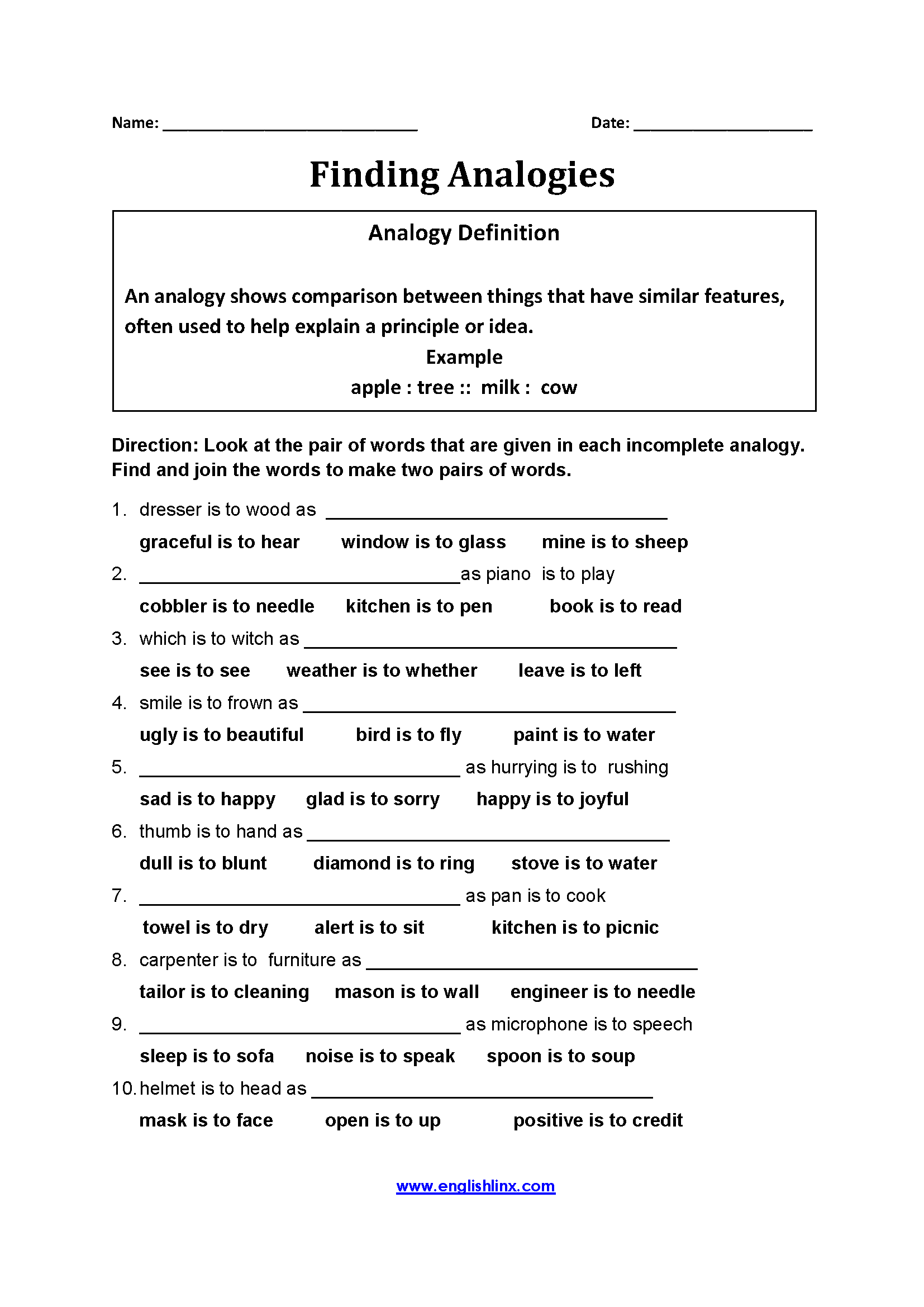 Englishlinx Analogy Worksheets
