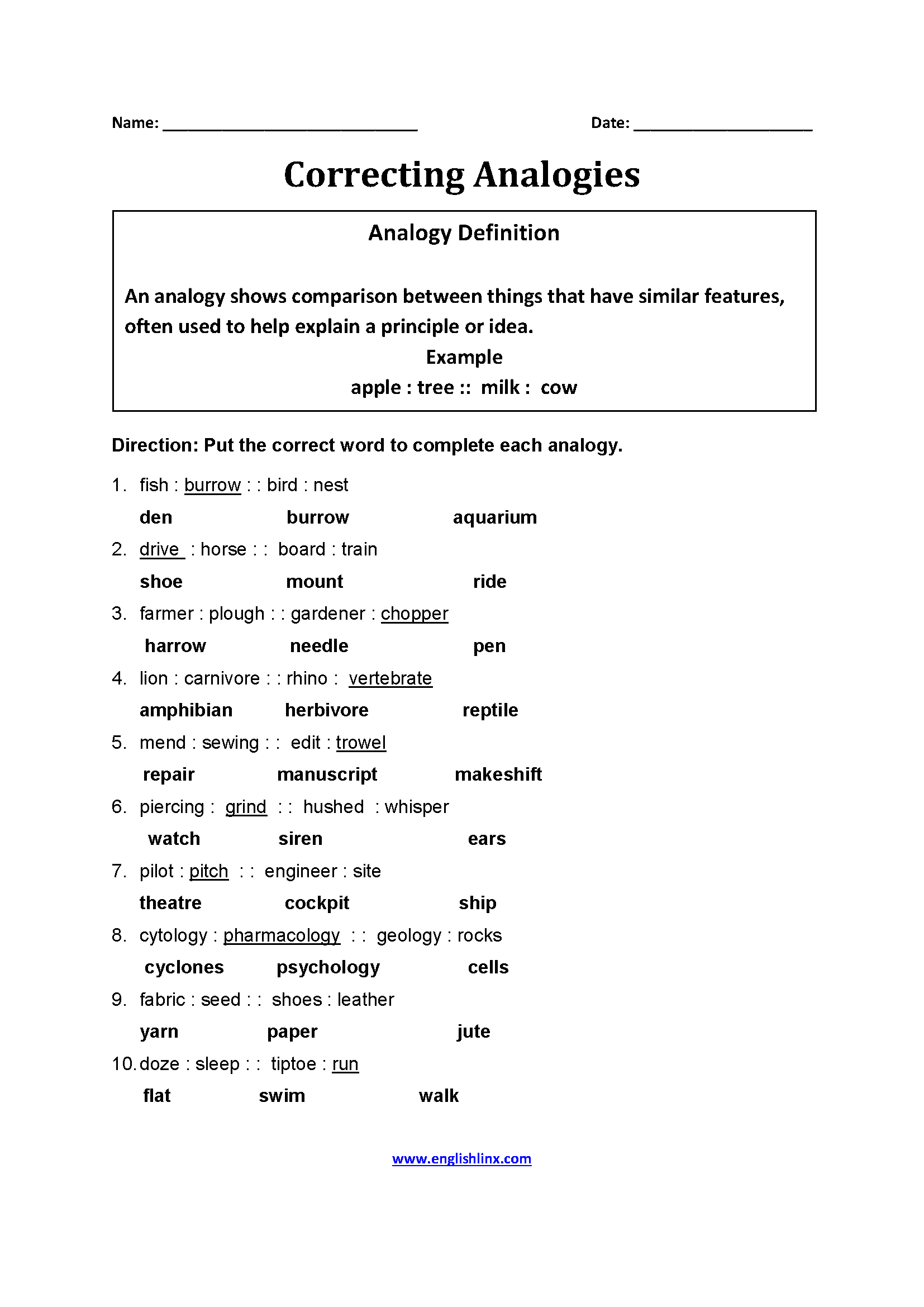 Englishlinx Analogy Worksheets