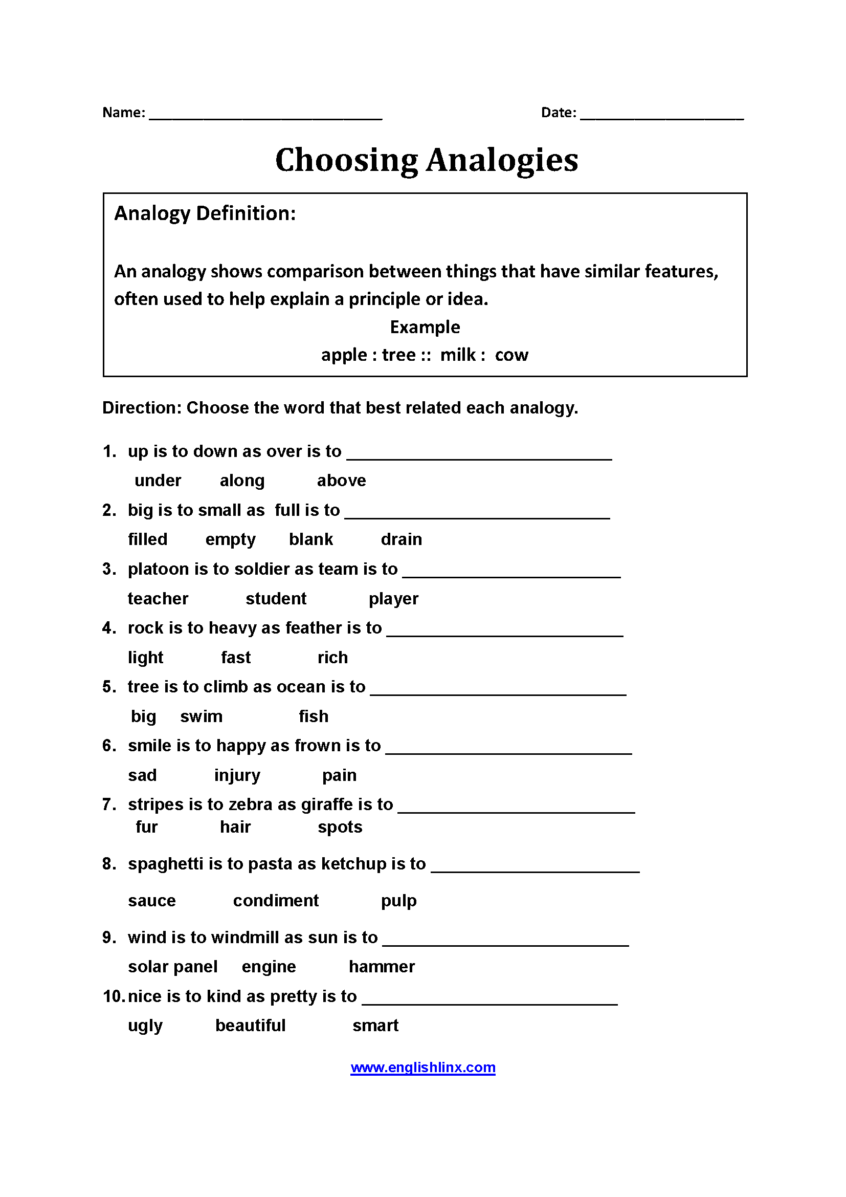 Free Printable Analogies Worksheets