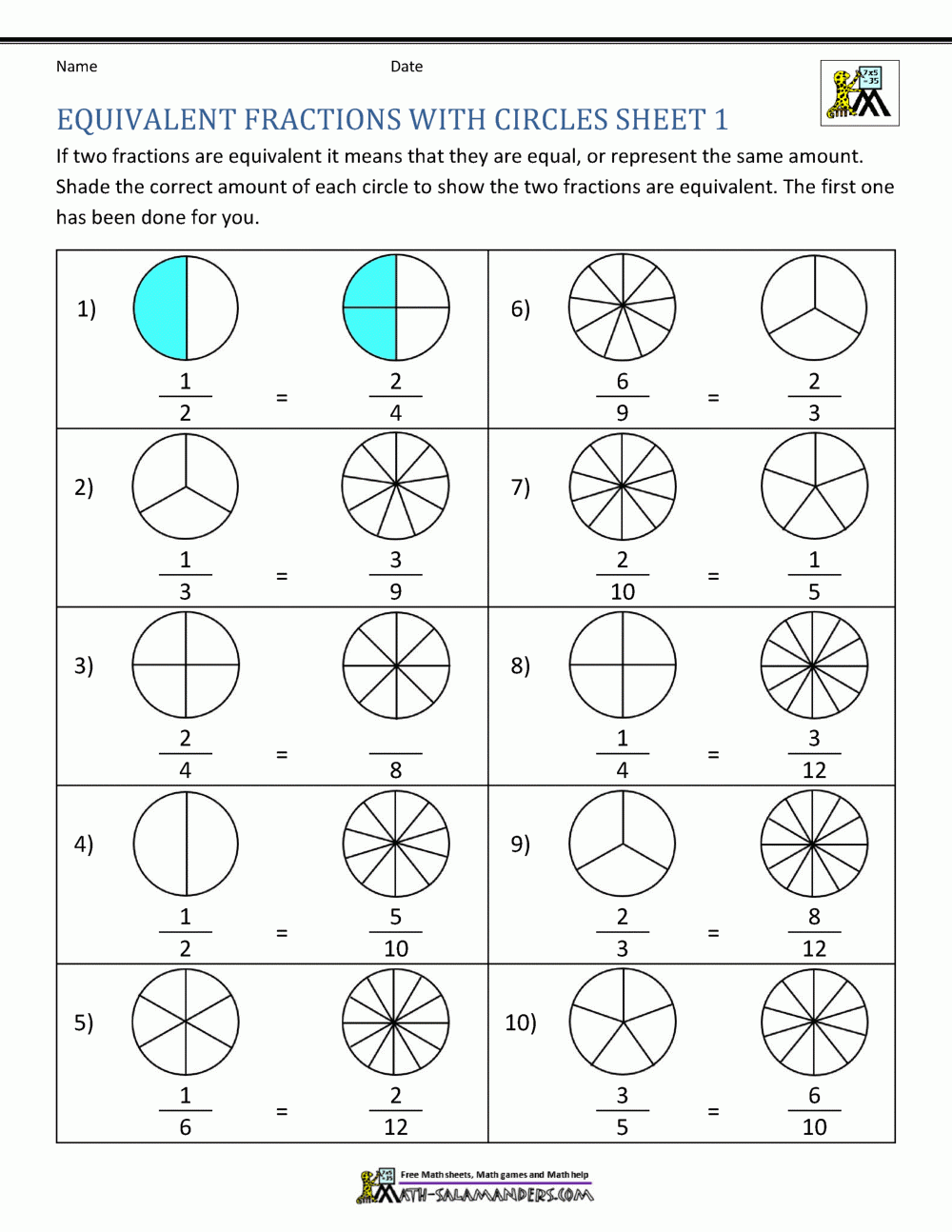 Equivalent Fractions Worksheet Printable