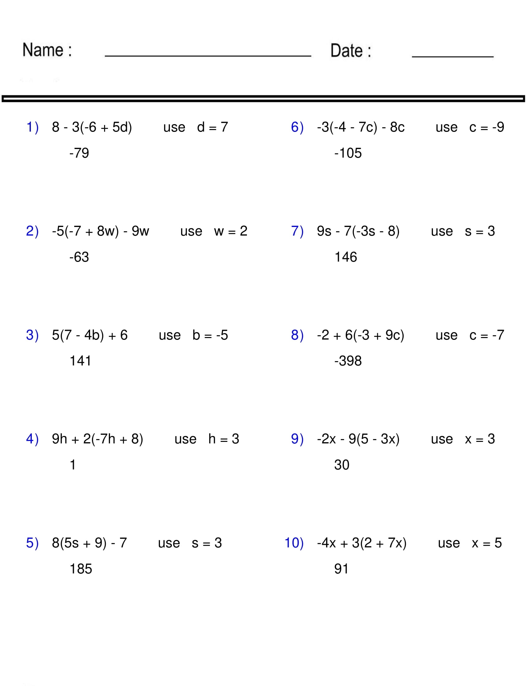 Printable Math Worksheets Pre Algebra