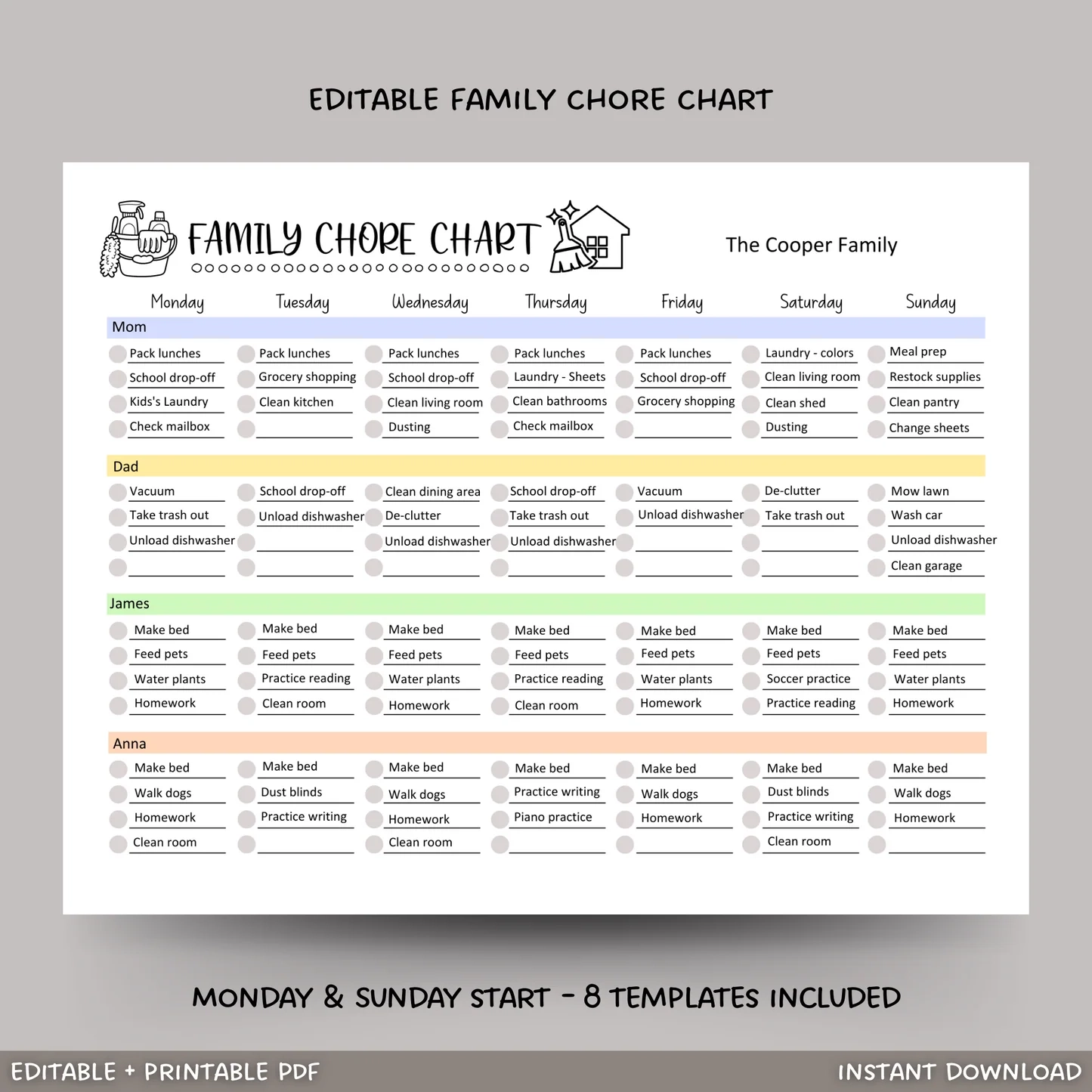Family Chore Chart Printable Editable Weekly Household Calendar Sched Scribbled LLC