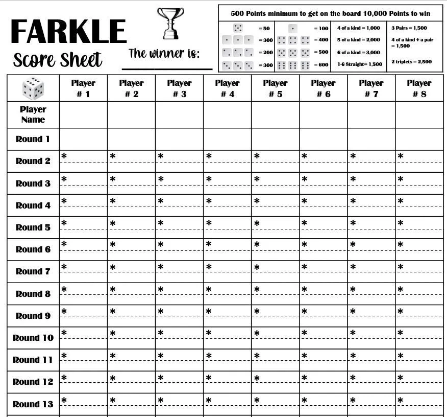Large Printable Farkle Score Sheet