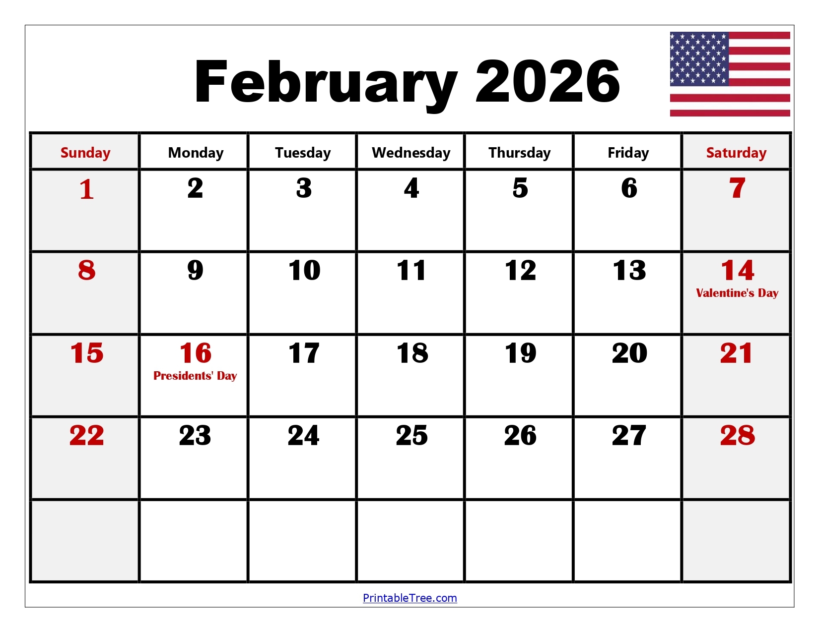 Feb 2026 Calendar With Holidays Printable