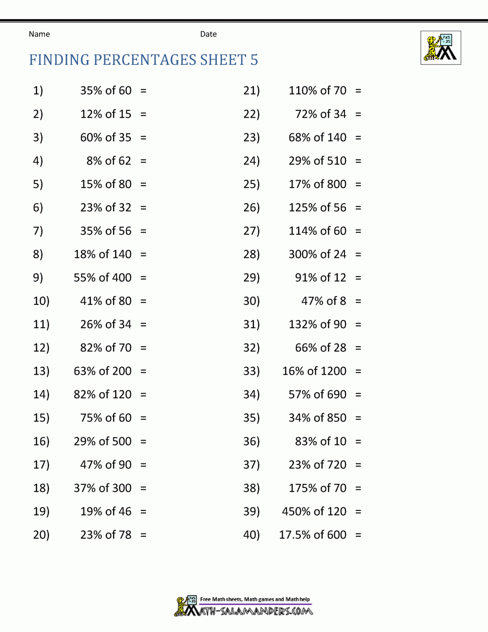 Free Printable Percentage Worksheets