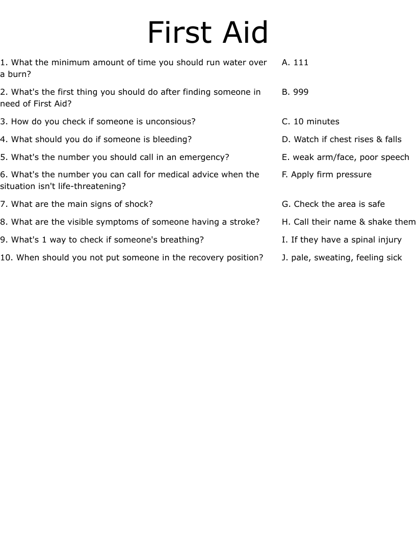 First Aid Worksheet WordMint