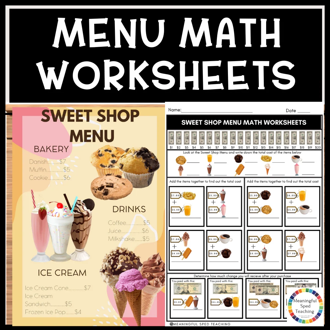 Food Menu Math Money Worksheets Life Skills Printable NO PREP Meaningful Sped Teaching