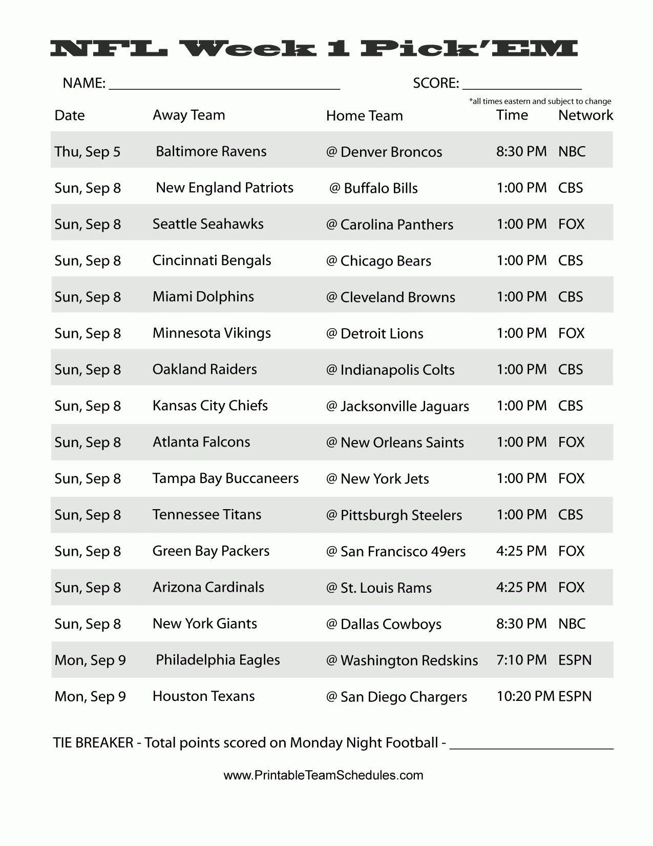 Nfl Weekly Pick Sheets Printable