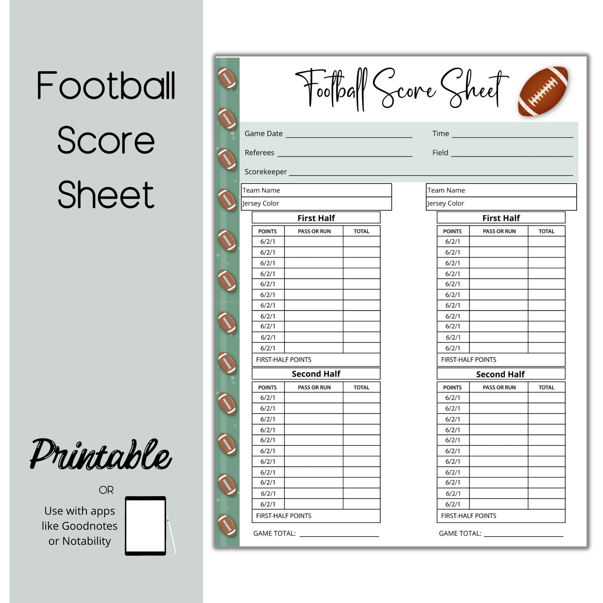 Football Score Card Football Scoresheet Etsy Australia