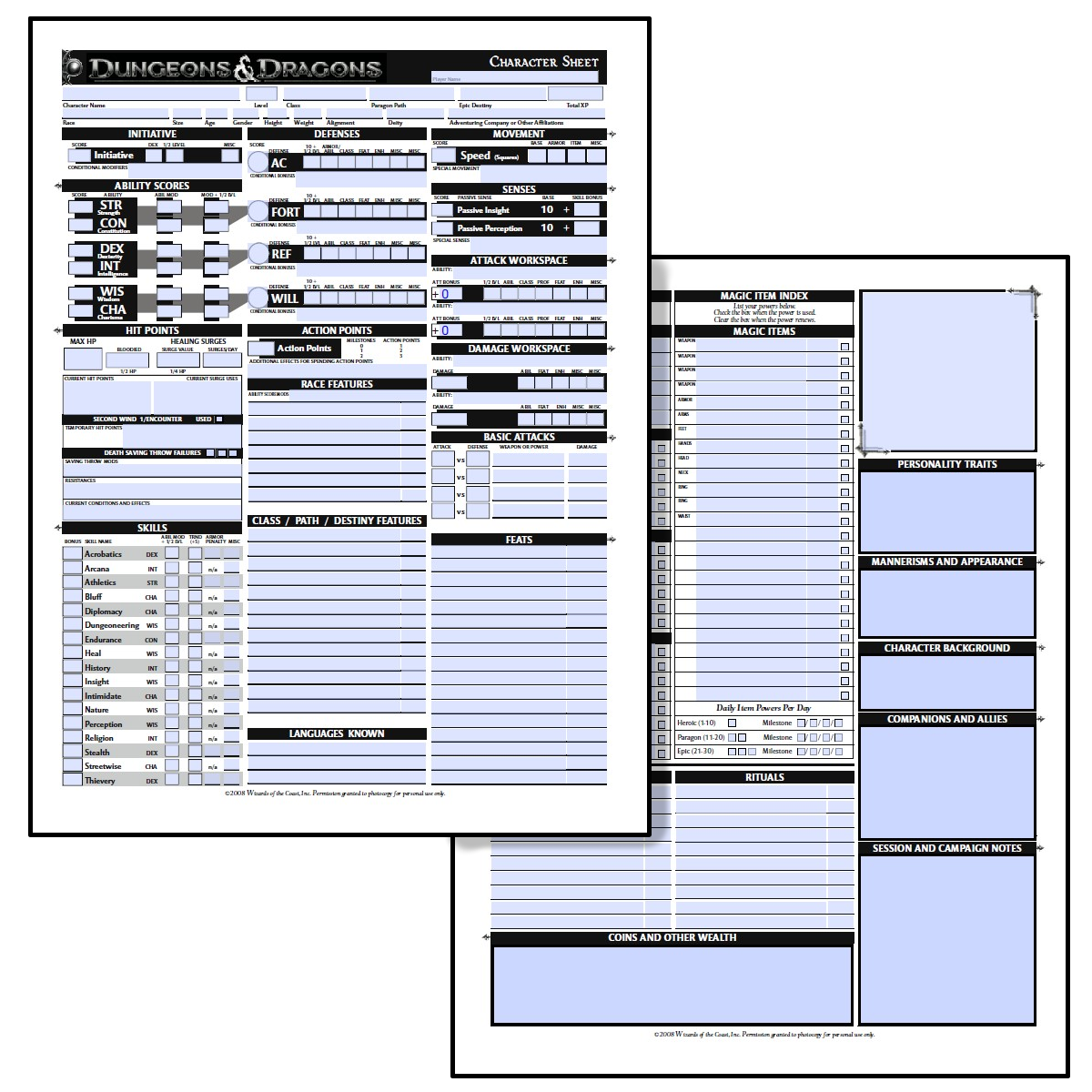 Printable D&D 4e Character Sheet