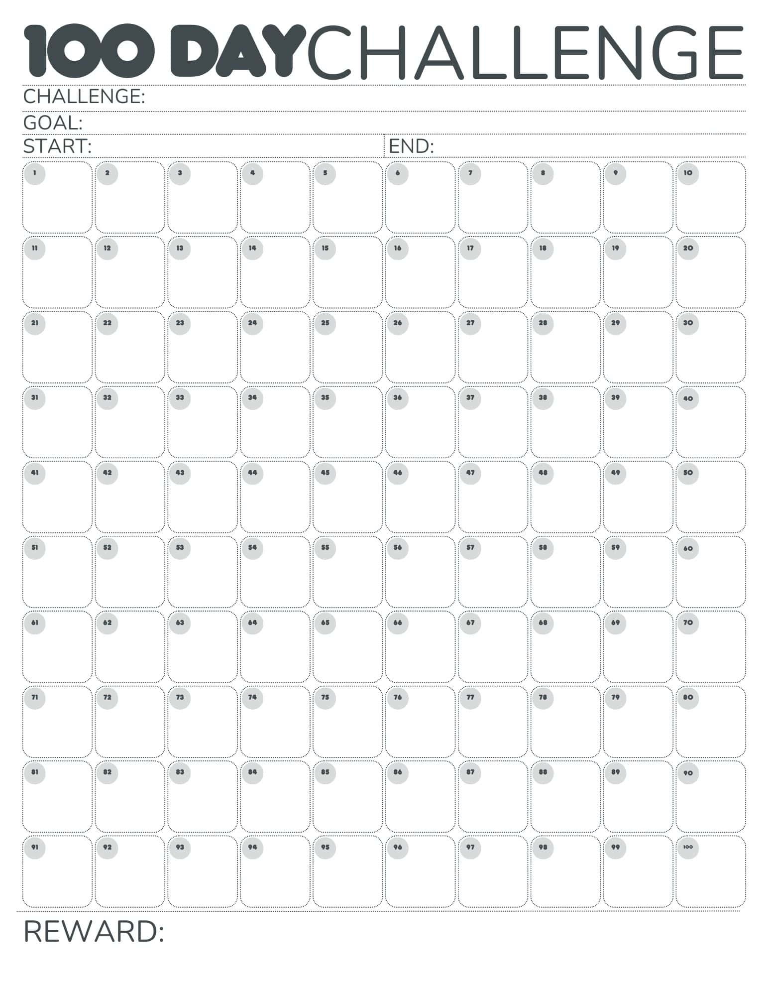 Free 100 Day Challenge Calendar