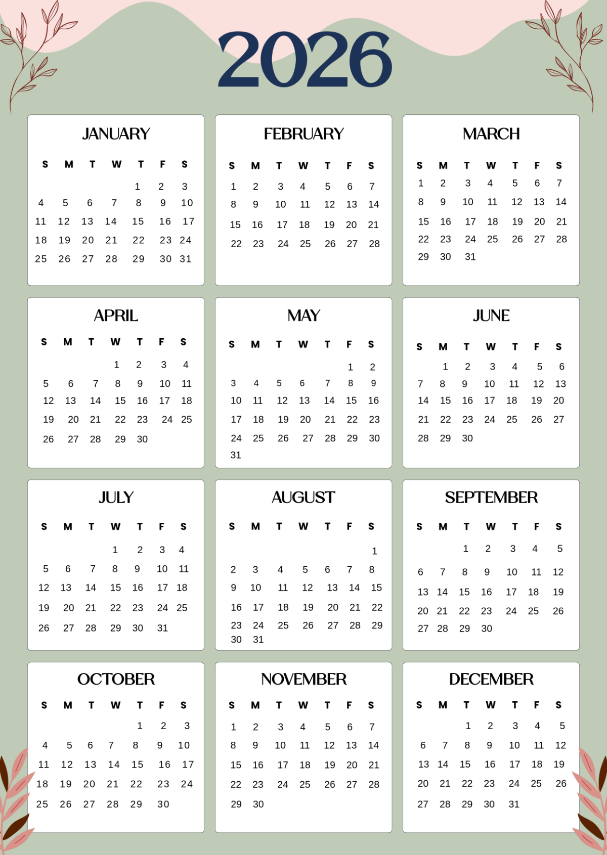 Free 2026 One Page Calendar Template To Edit Online