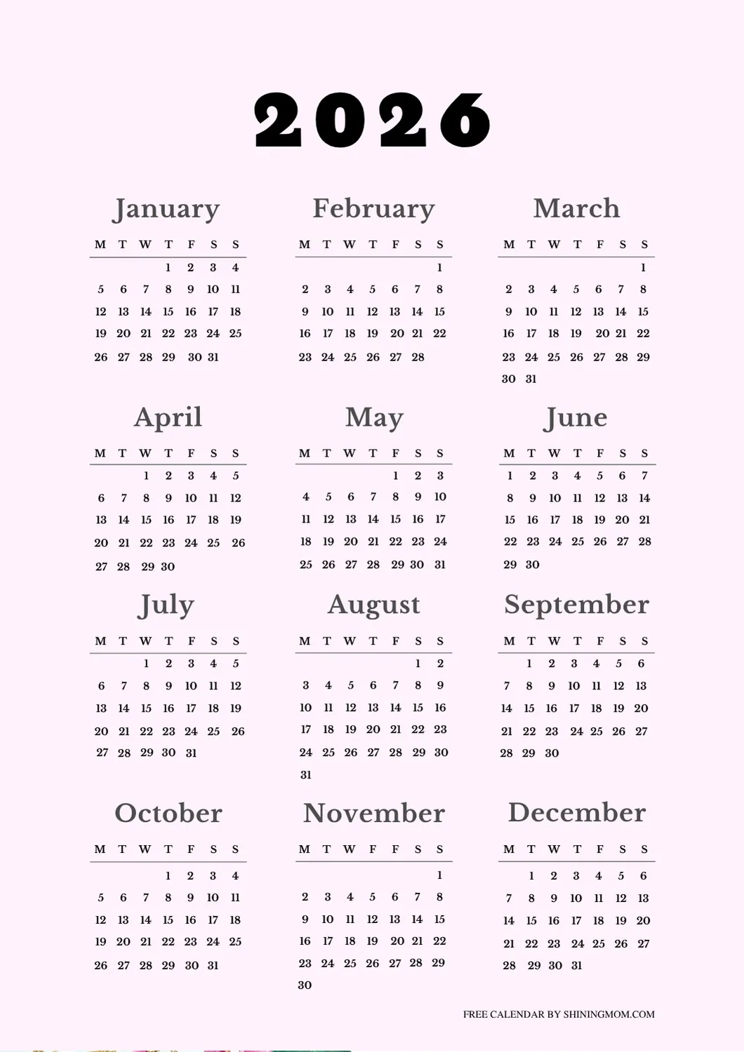 Printable Calendar 2026 Monday To Sunday
