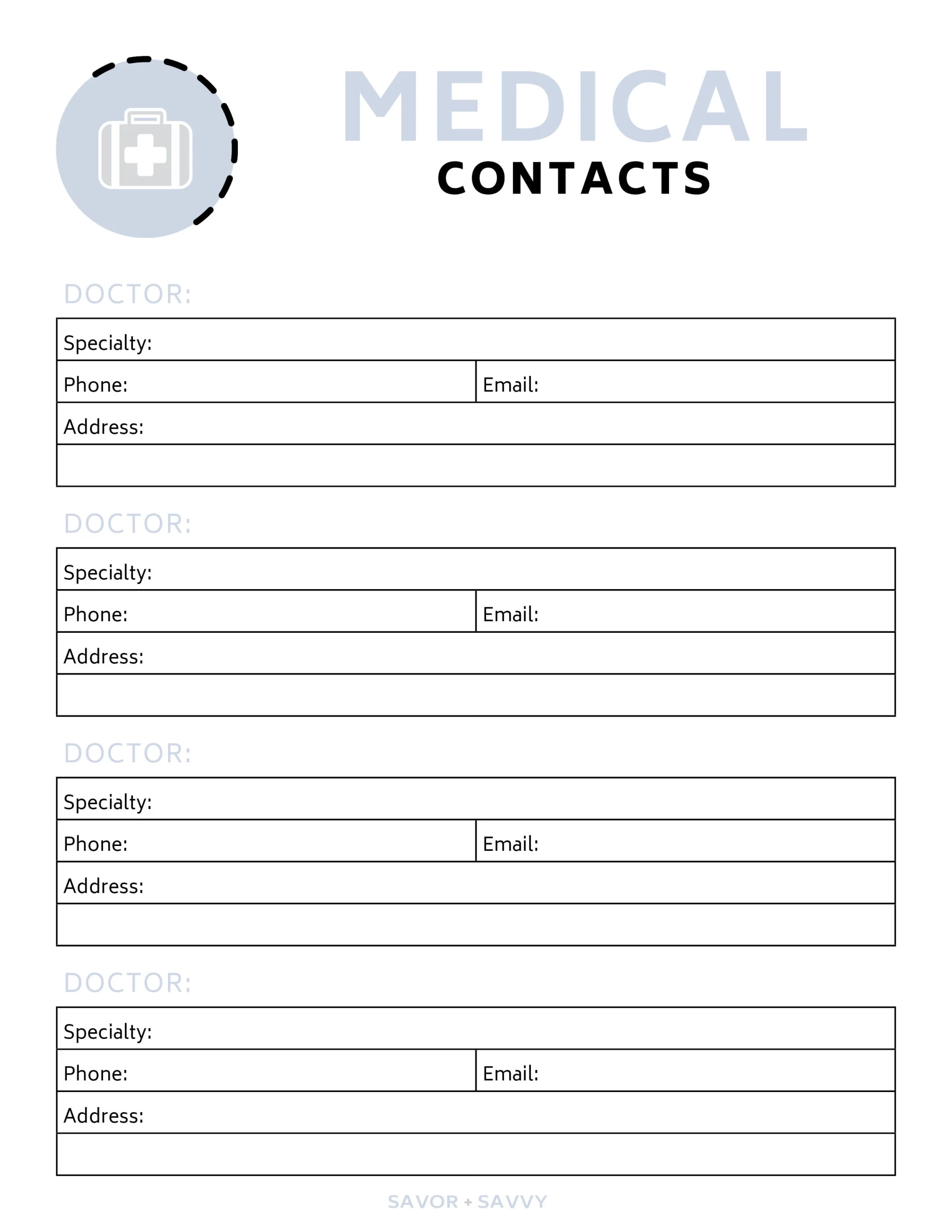 Printable Medical Information Sheet