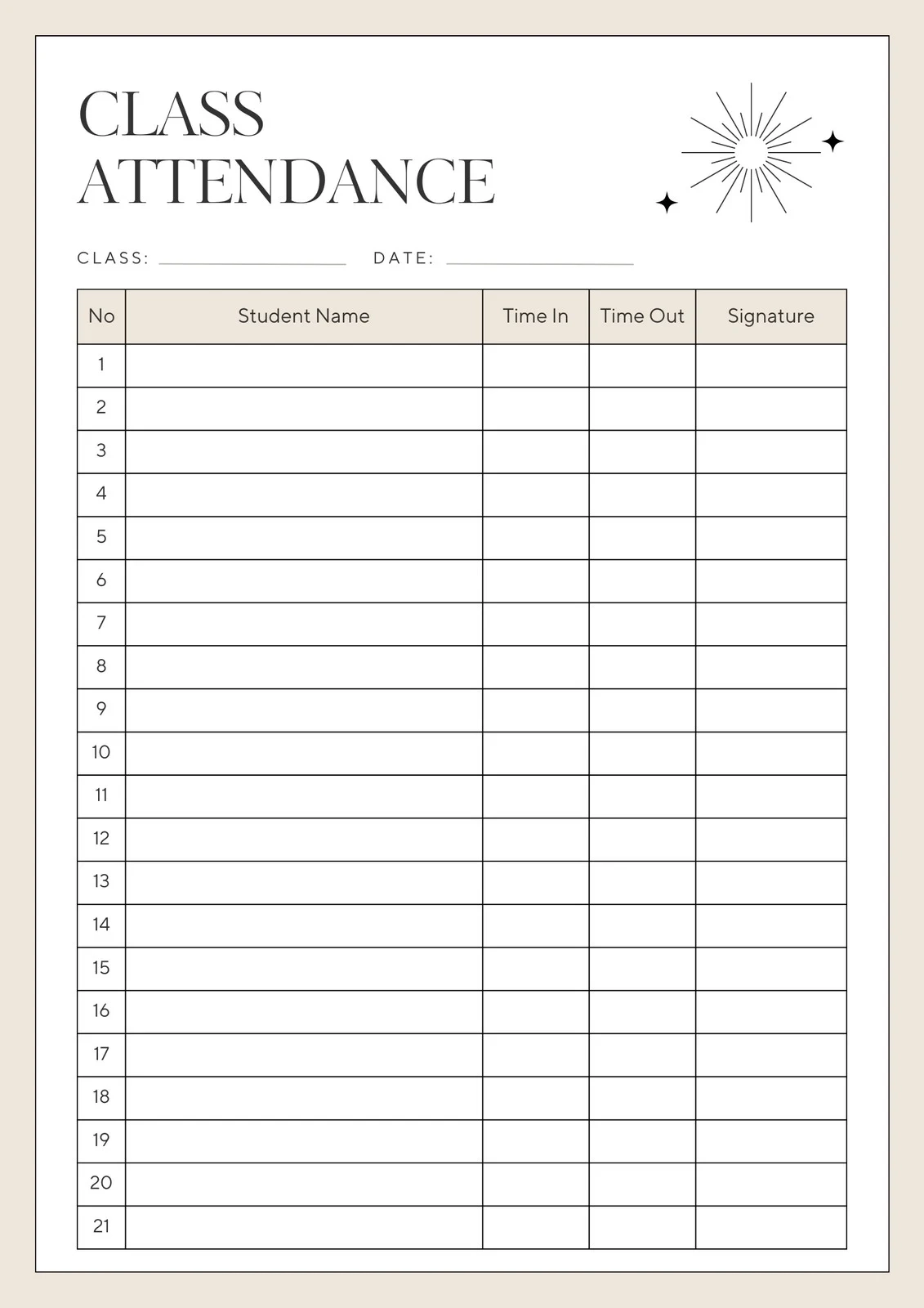 Printable Daily Attendance Sheet