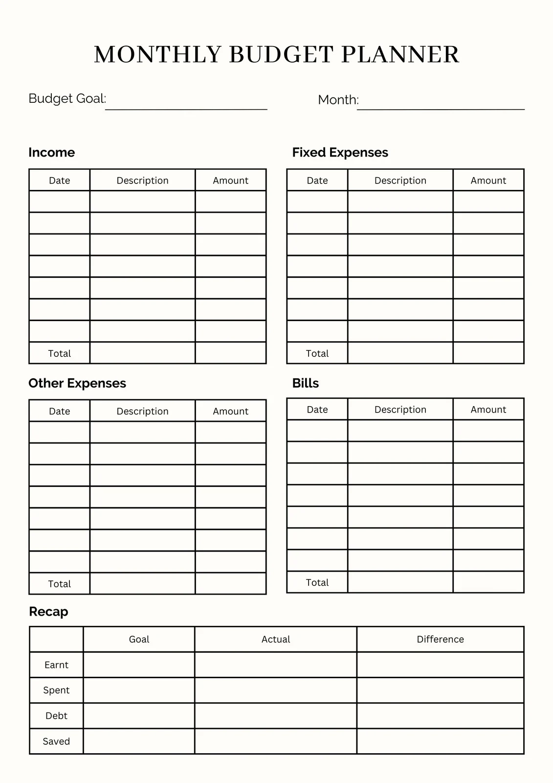 Budget Tracking Sheet Printable