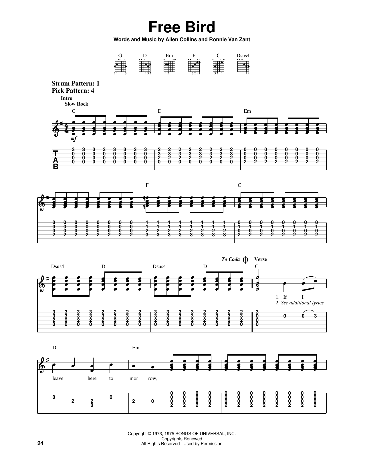 Free Bird By Lynyrd Skynyrd Sheet Music For Easy Guitar Tab At Sheet Music Direct