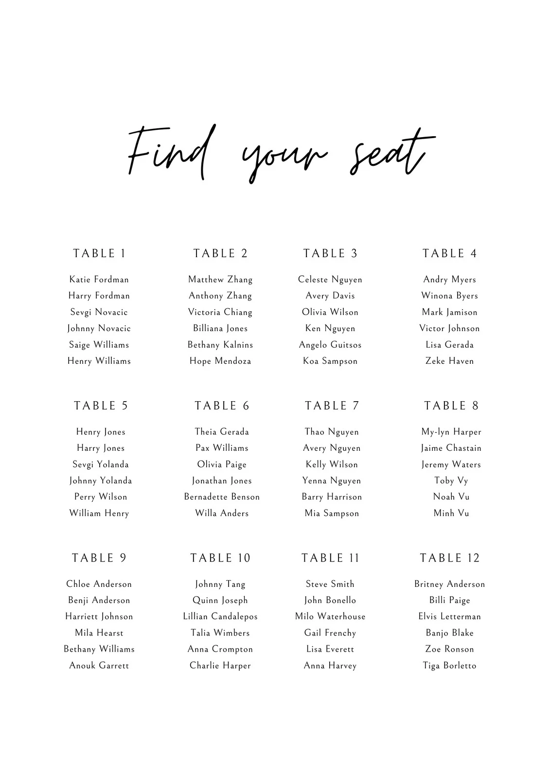 Free Printable Seating Charts