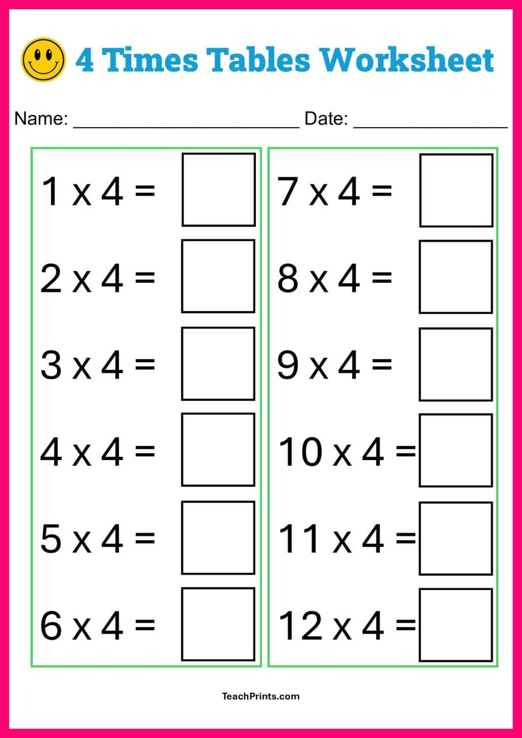 Free Four Times Tables Worksheets 8 Versions Teach Prints
