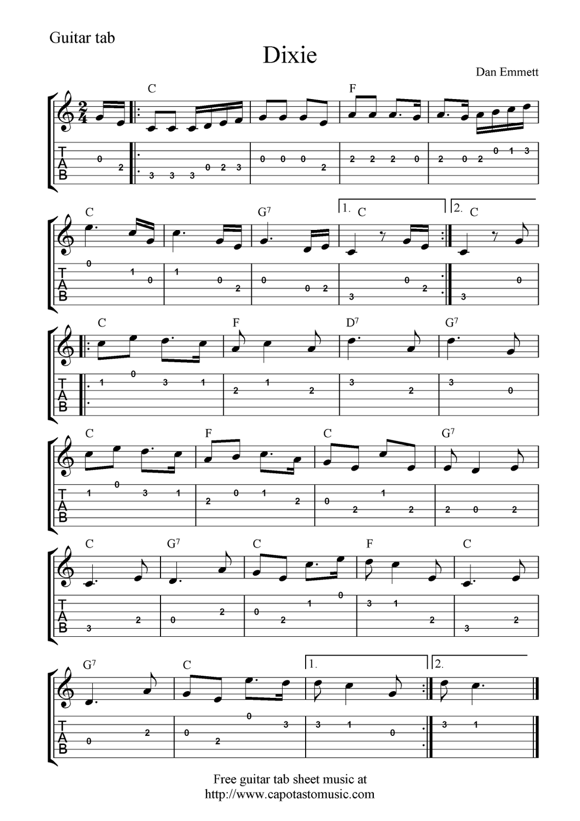 Free Guitar Tab Sheet Music Dixie Worksheets Library