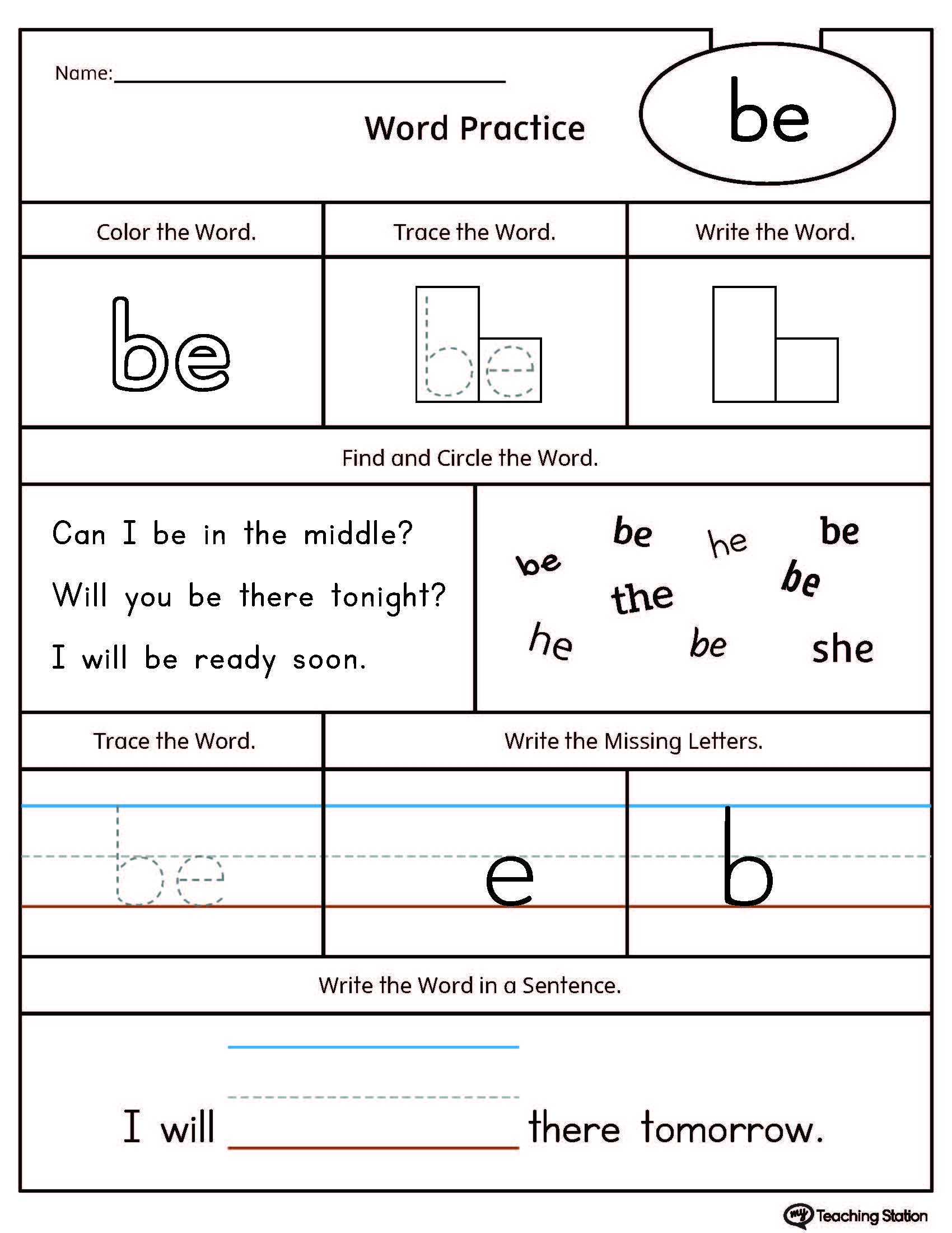 FREE High Frequency Word BE Printable Worksheet MyTeachingStation