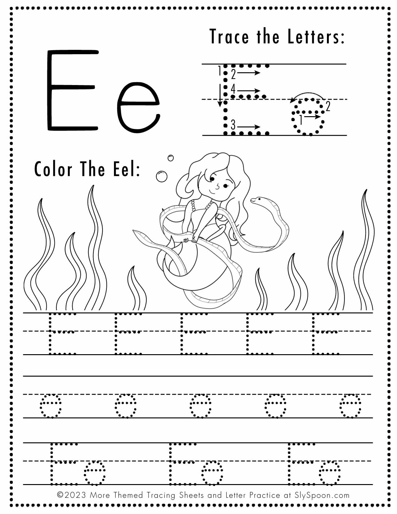 Free Letter E Tracing Worksheet Printable Mermaid Themed Sly Worksheets Library