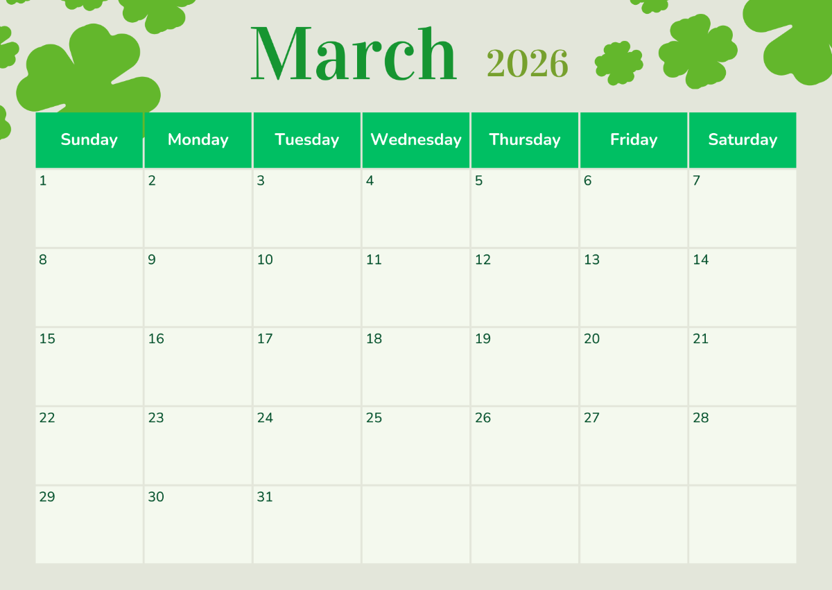 March Calendar Printable 2026