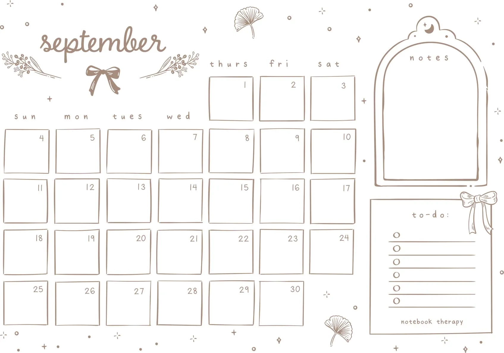 Free Monthly Calendar Printable NotebookTherapy