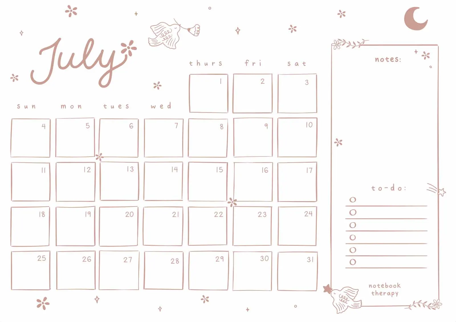 Printable Cute Monthly Calendar