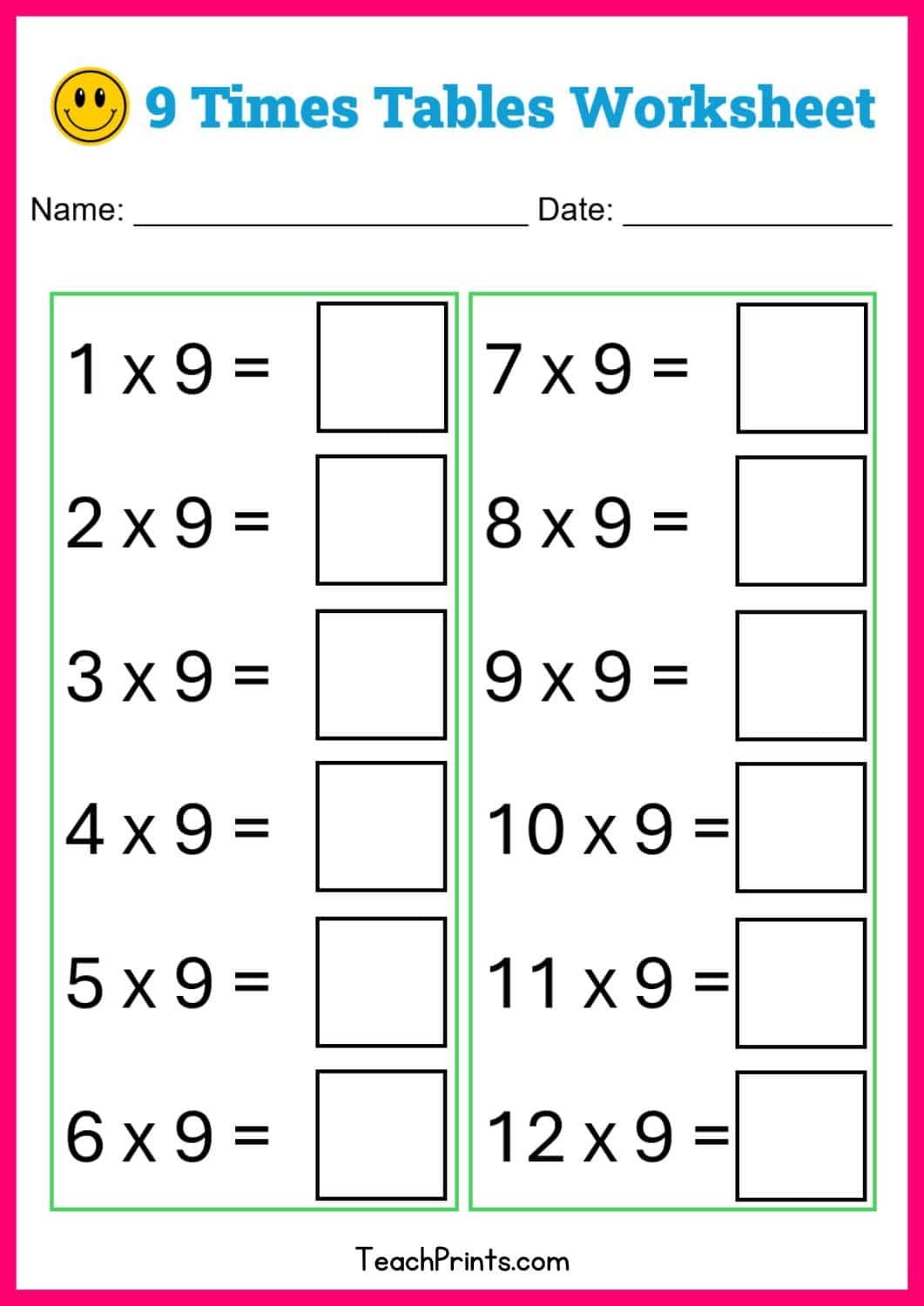 Free Nine Times Tables Worksheets 8 Versions Teach Prints
