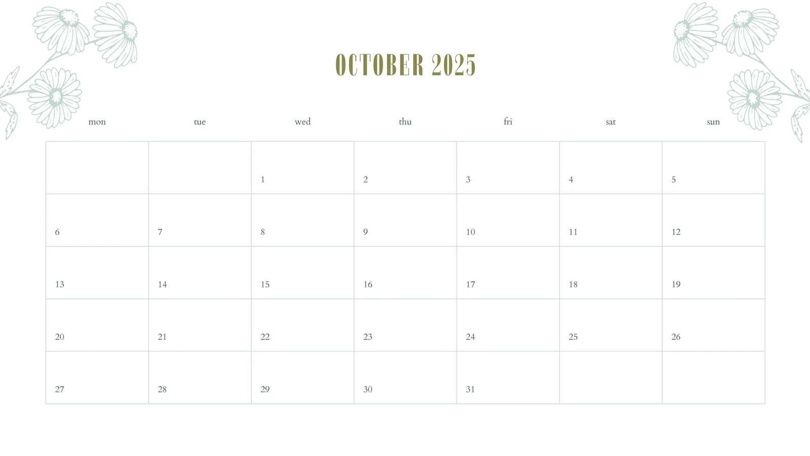 October Calendar Page Printable