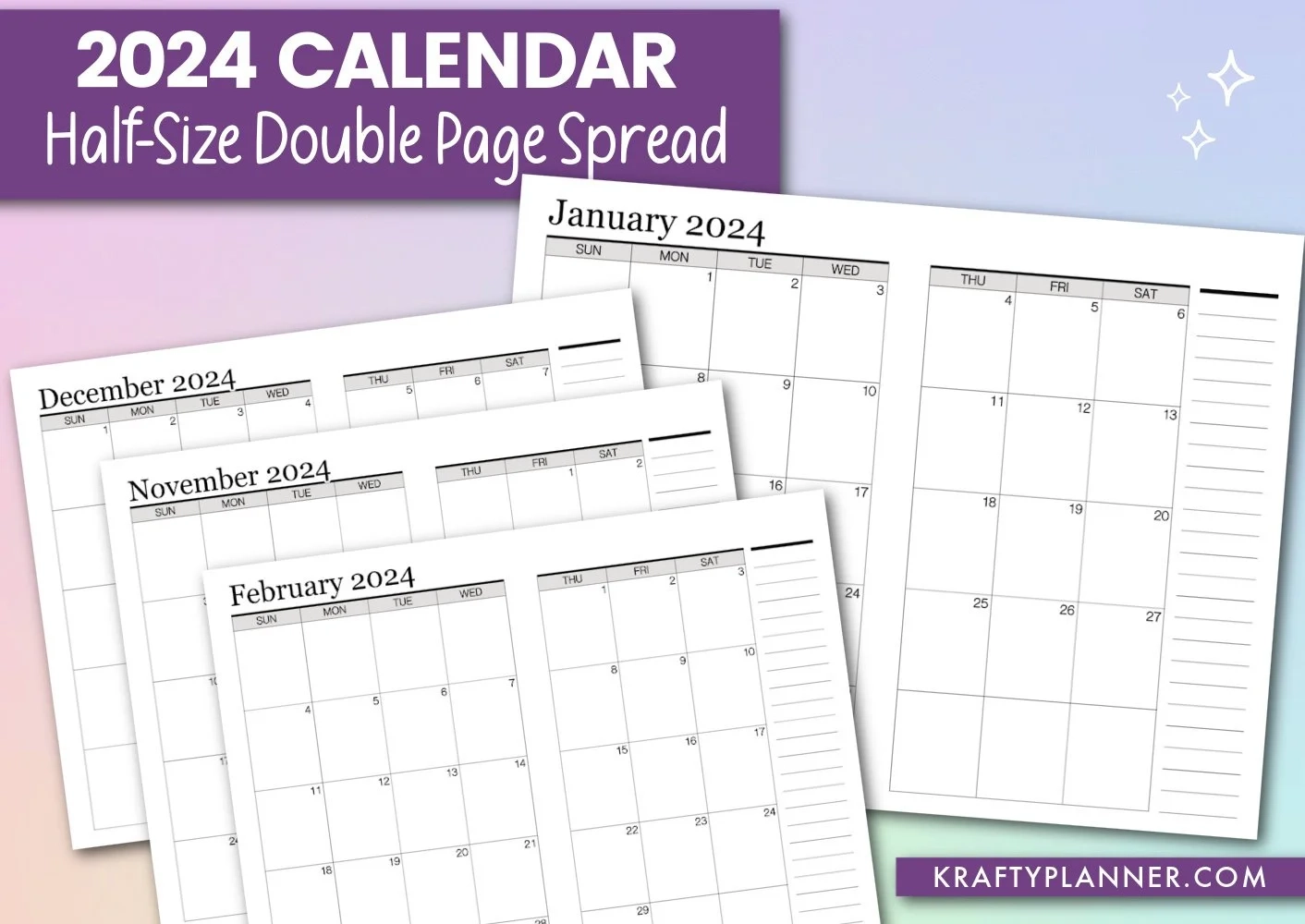 Free Printable 2024 Calendar Half Size Double Page Spread Krafty Planner
