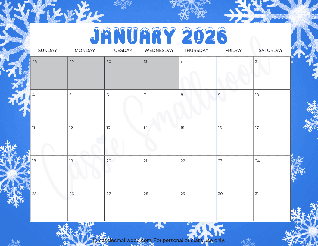 FREE PRINTABLE 2026 MONTHLY CALENDAR Cassie Smallwood