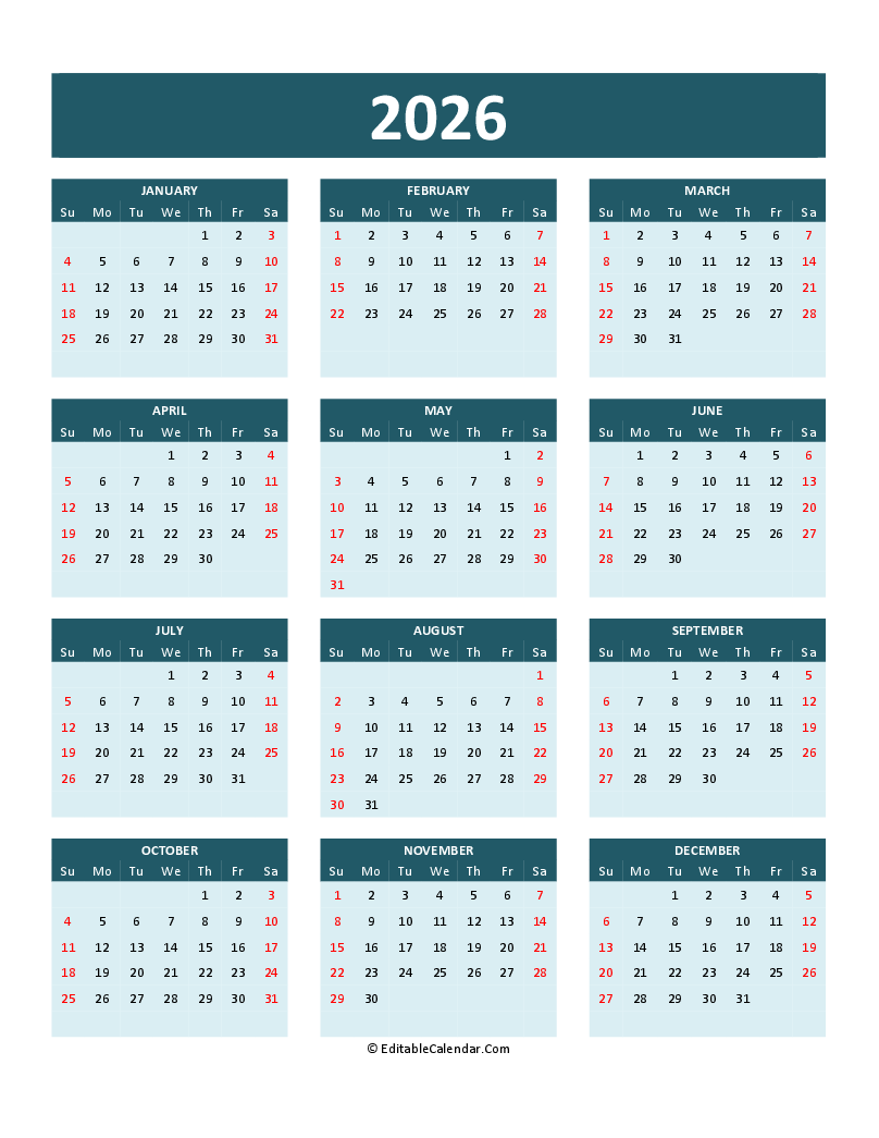 Yearly Calendar 2026 Printable