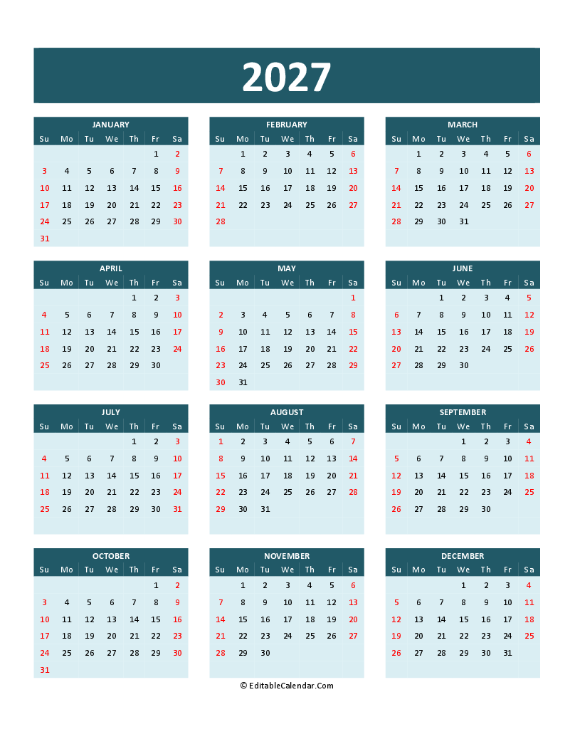 Printable 2027 Calendar