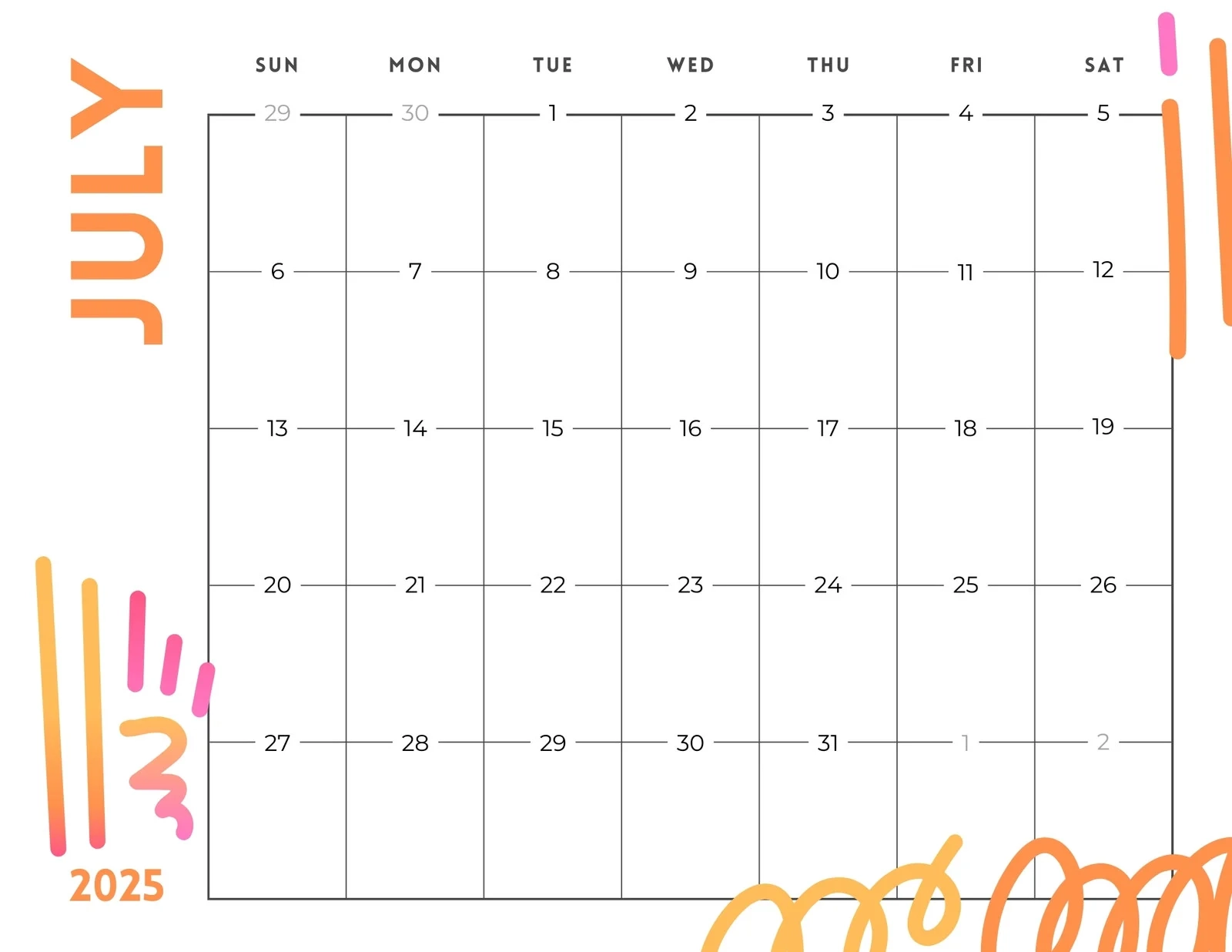 July Month Calendar Printable