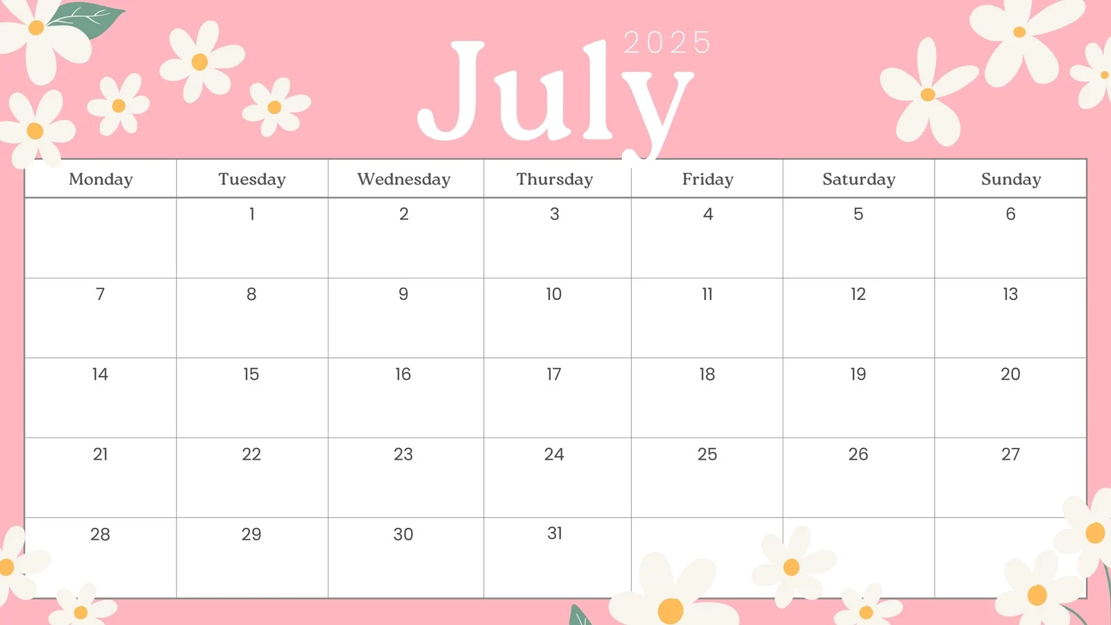 Free Printable Custom July 2025 Calendar Templates Canva