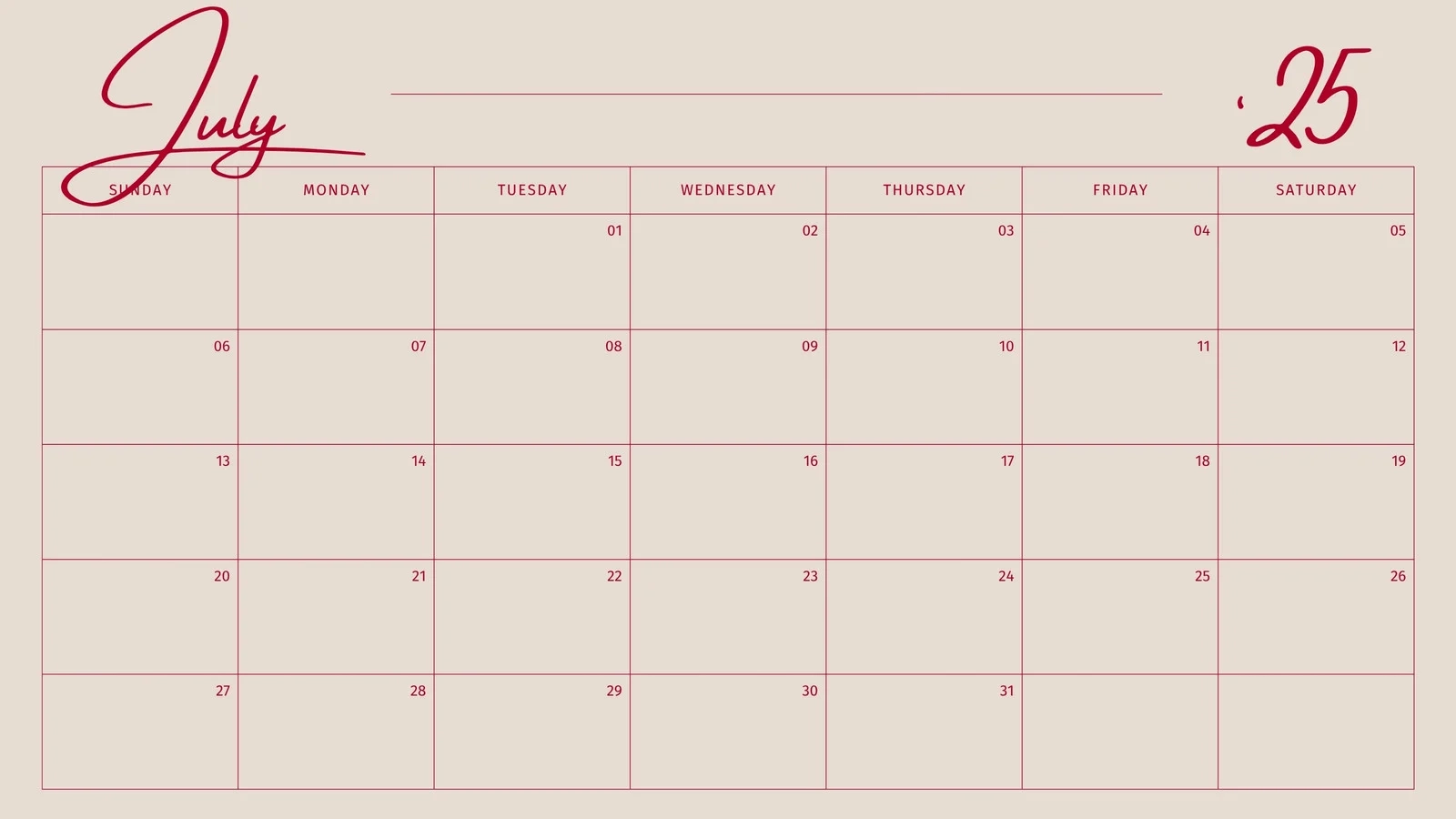 Free Printable Custom July 2026 Calendar Templates Canva