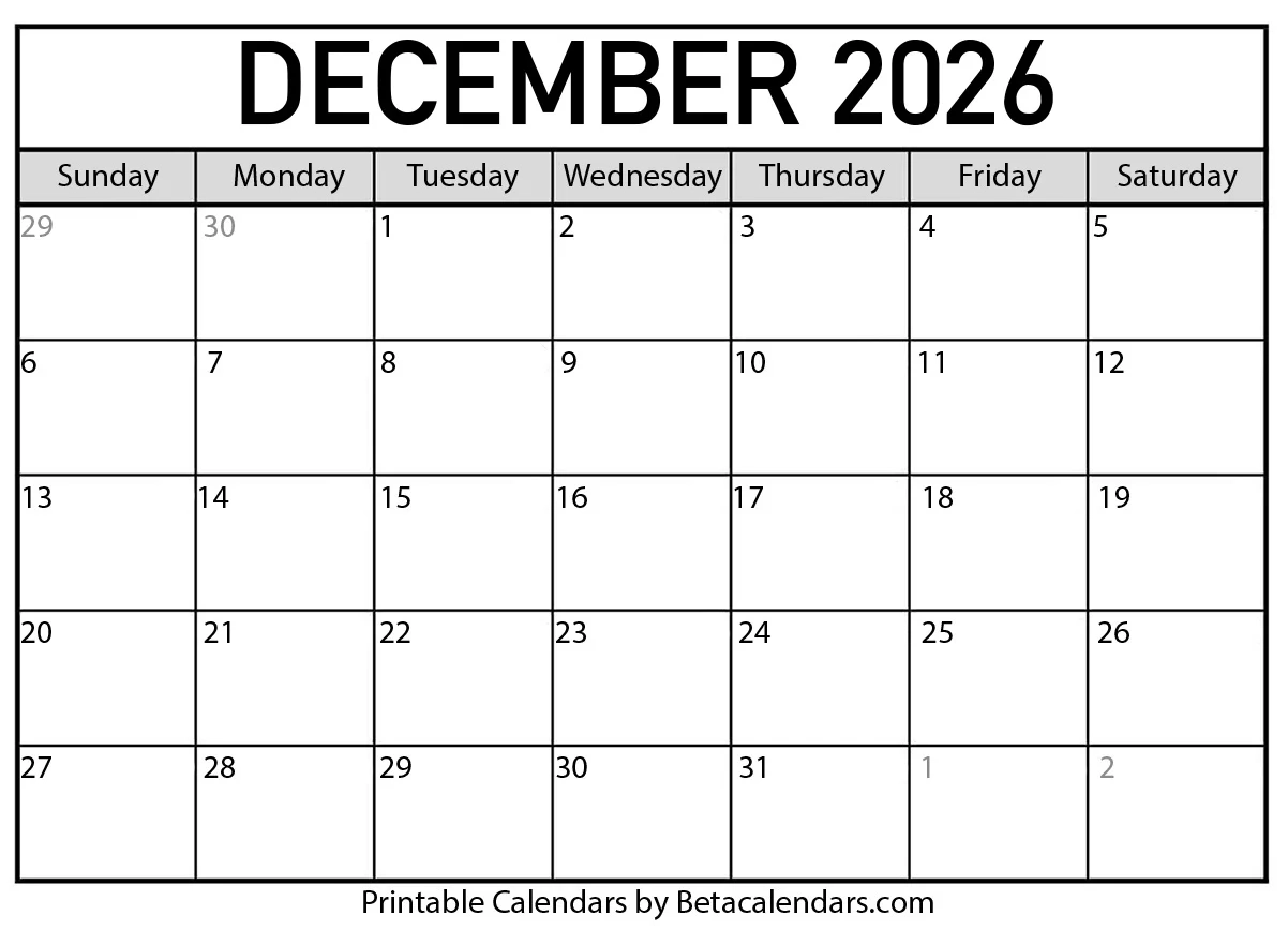 Free Printable December 2026 Calendar