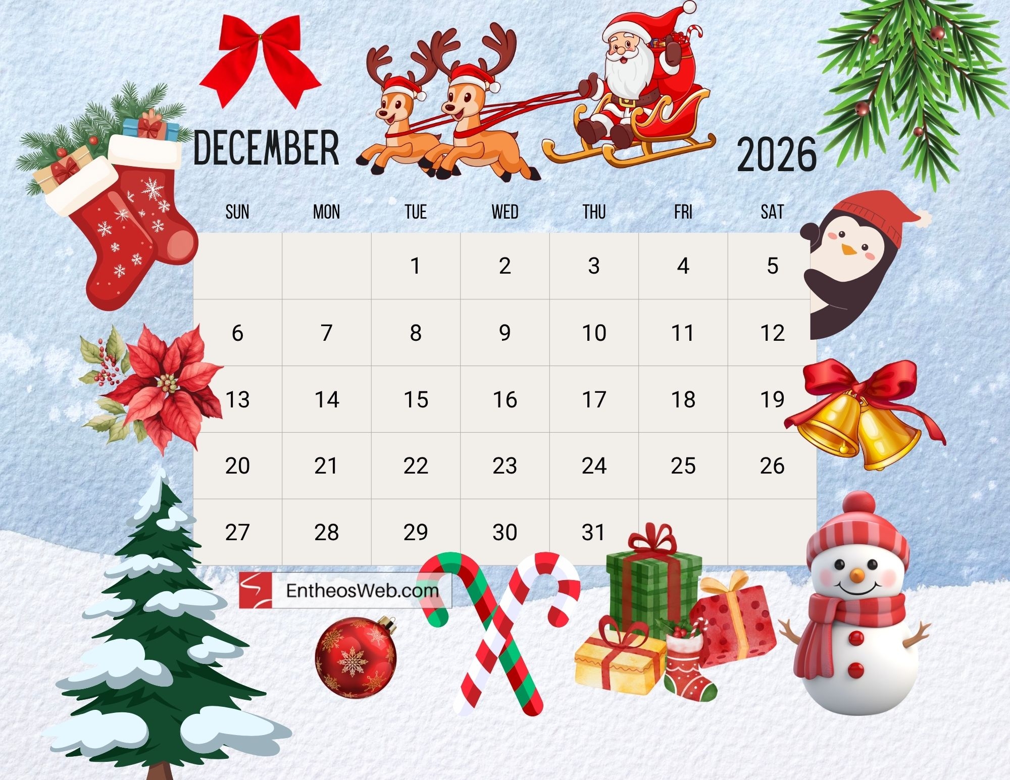 Free Printable December 2026 Calendars EntheosWeb