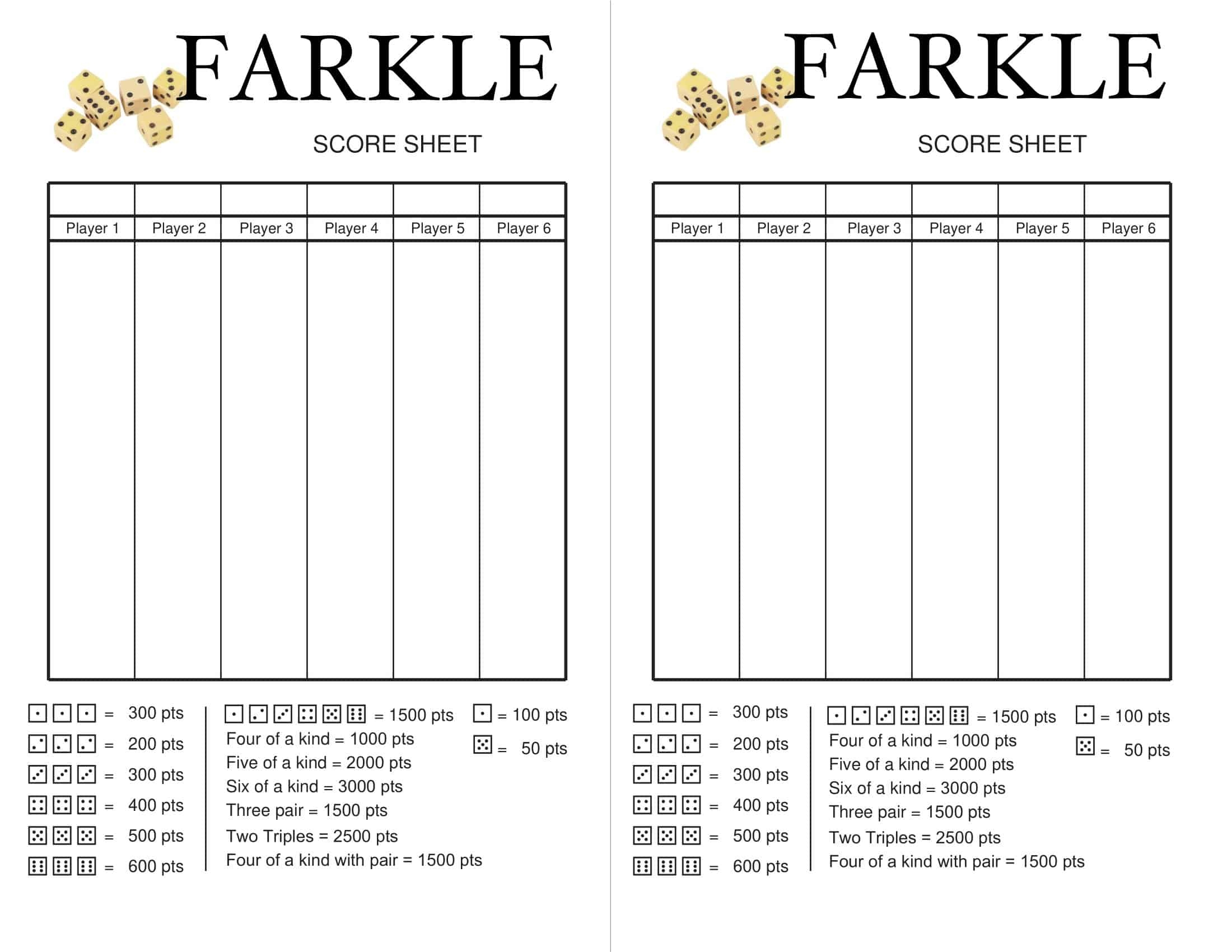 Free Printable Farkle Score Sheet Excel PDF U0026 Rules Gameplay U0026 Scoring Free Printable Farkle Score Sheet Excel PDF U0026 Rules Gameplay U0026 Scoring