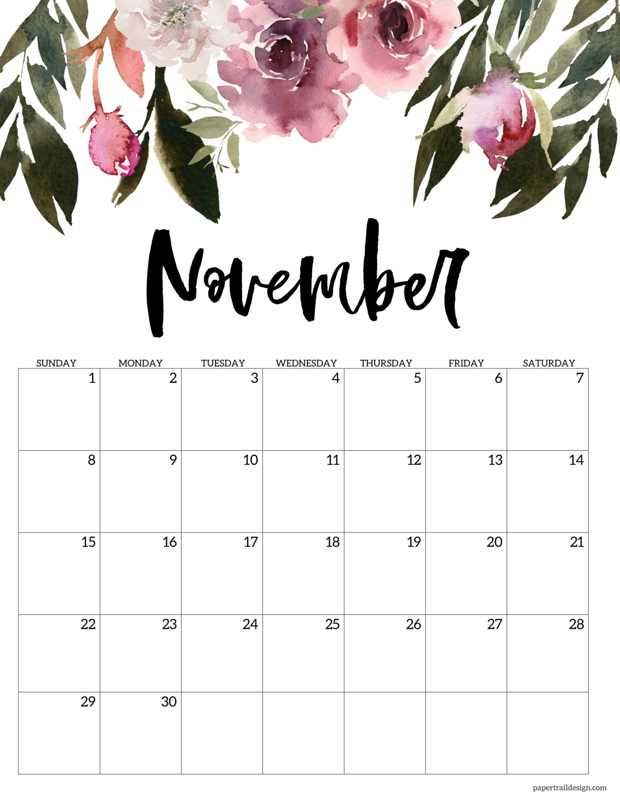 Free Printable Floral Calendar 2026 Paper Trail Design